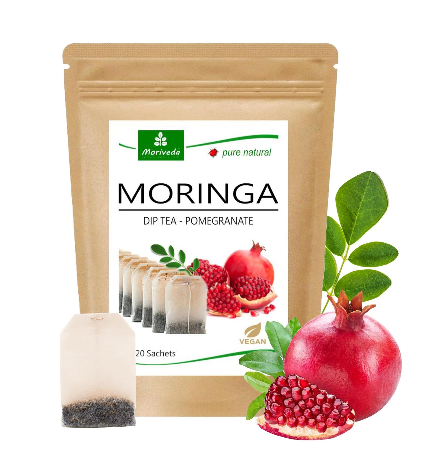 MORIVEDA Moringa Dip Tea | 100% Natural & Vegan | 20 Bags Moringa & Pomegranate Blend | Apple Cinnamon Ginger & Mint Options - Buy Online on GoSupps.com