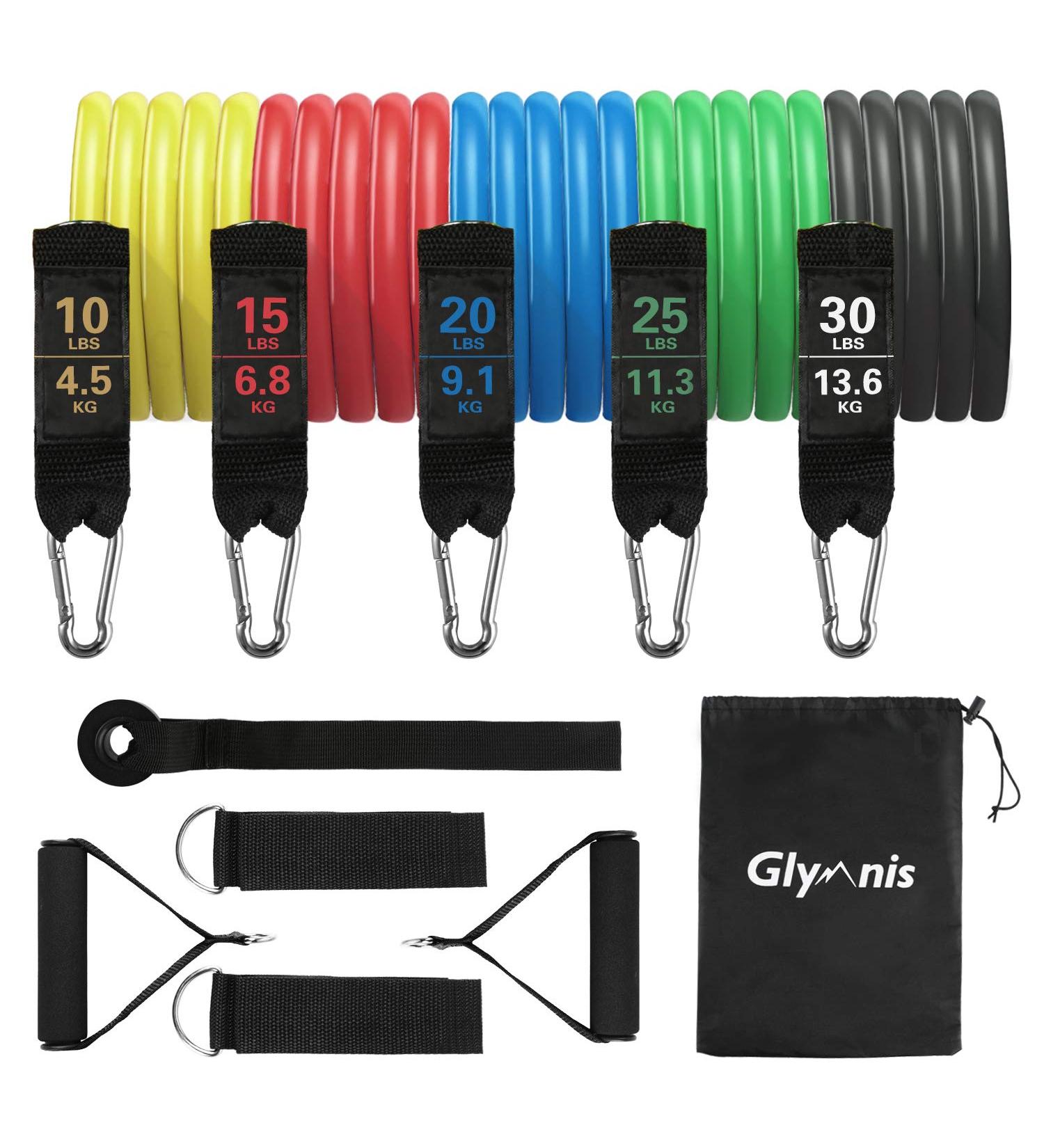 Glymnis Resistance Band Set - 11 PCs Fitness Bands with Handles Door Anchors & Straps for Strength Training & Physiotherapy - Up to 100lbs - Buy Online on GoSupps.com