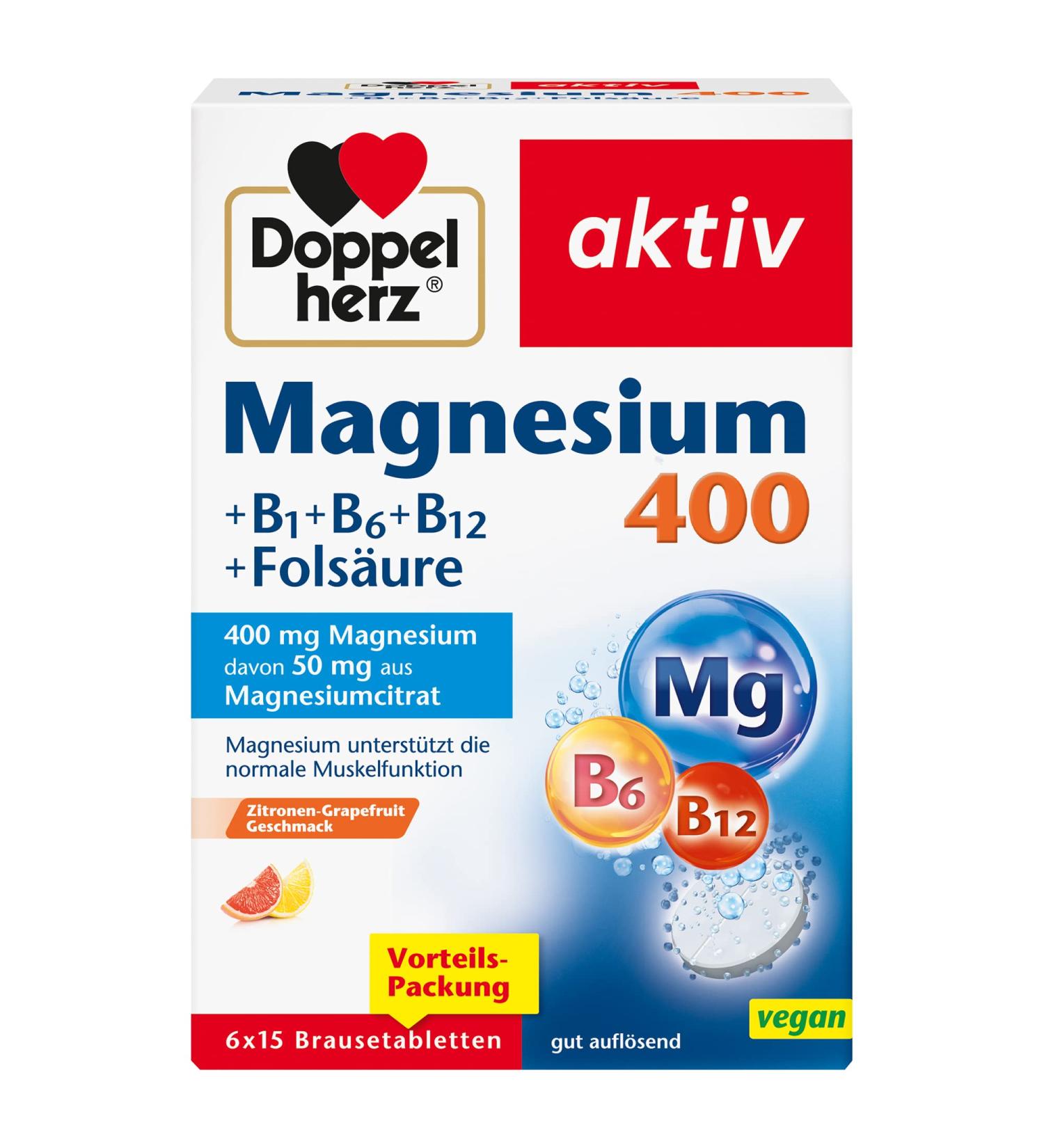 Double Heart Magnesium 400 + B1 + B12 + Folic Acid - Effervescent Tablets for Normal Muscle Function - 90 Tablets (6 x 15 Pack) - International Shipping Available - Buy Online on GoSupps.com