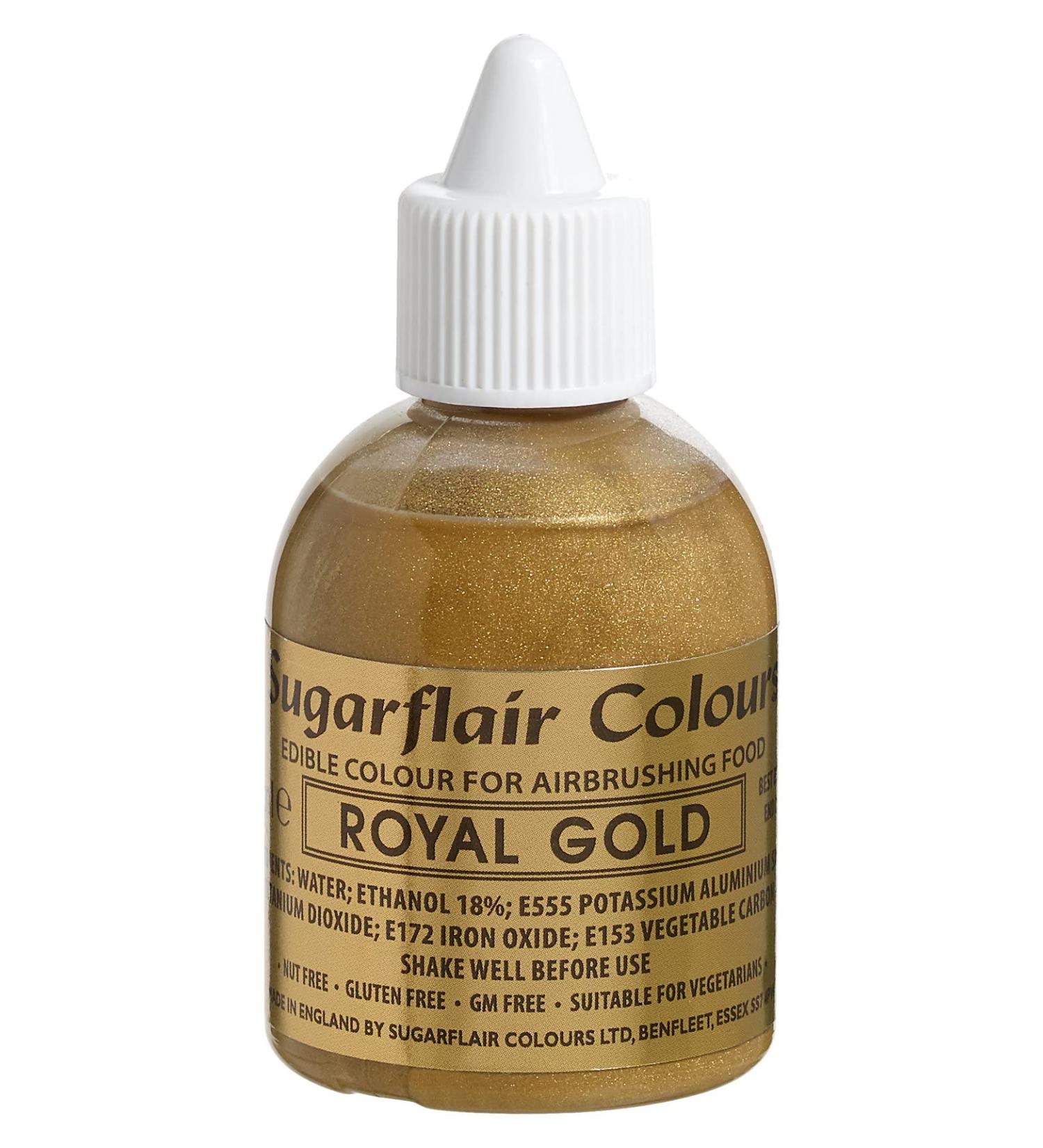 Sugarflair Royal Gold Metallic Glitter Edible Airbrush Colour - Edible Food Colouring Airbrush Paint for Cakes Cupcakes Icing and Cake Decorations - 60ml Glitter Royal Gold