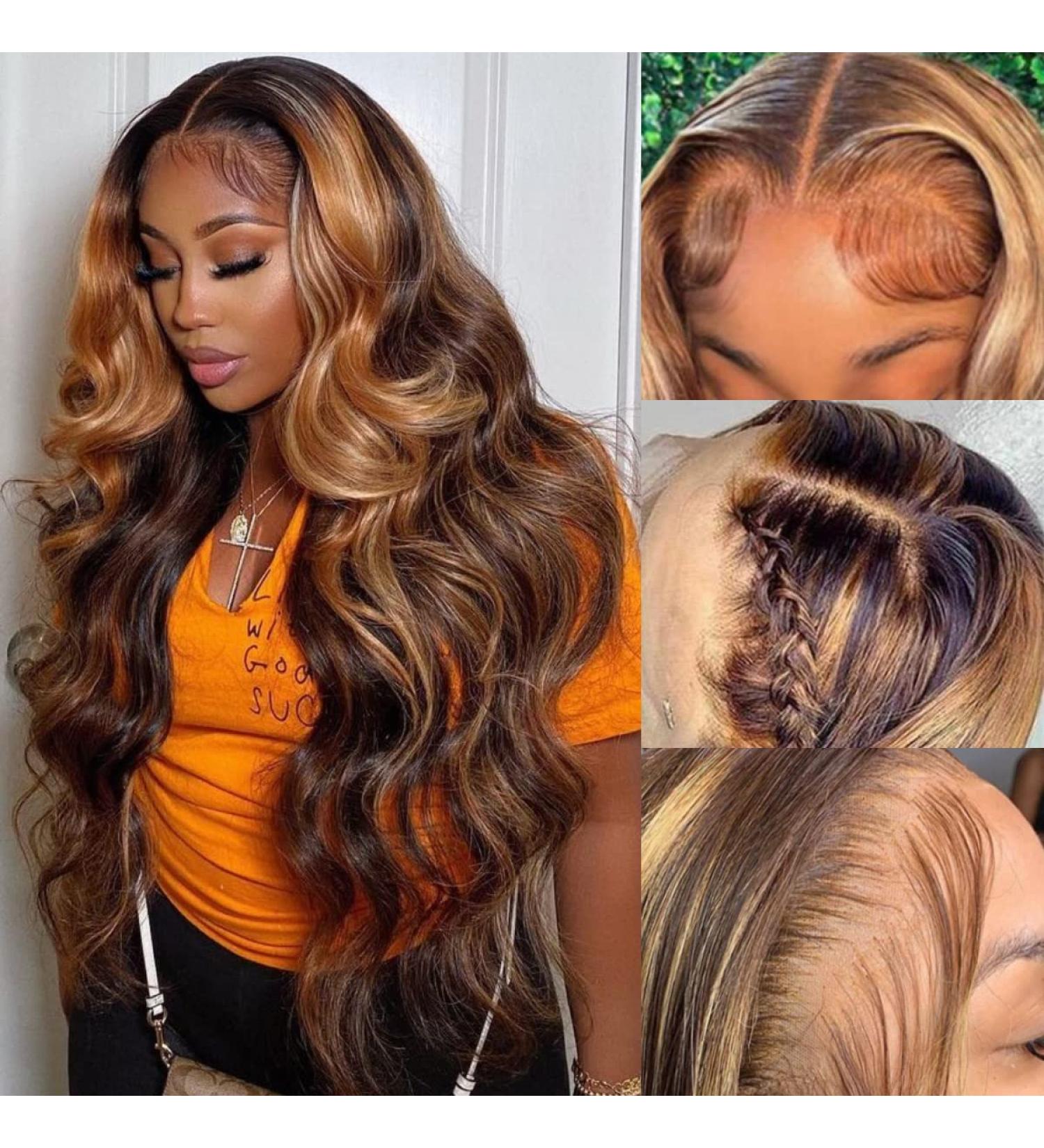 32 inch Ombre Highlight Body Wave Lace Front Wig 180% Density - Msgem 4/27 Highlight Human Hair for Black Women - Buy Online on GoSupps.com