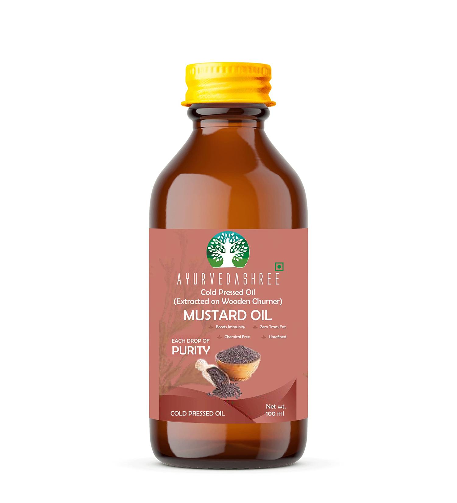 AYURVEDASHREE Cold Pressed Mustard Oil 3.38 fl oz - 100% Pure & Natural, Unrefined, Non-GMO - Buy Online on GoSupps.com