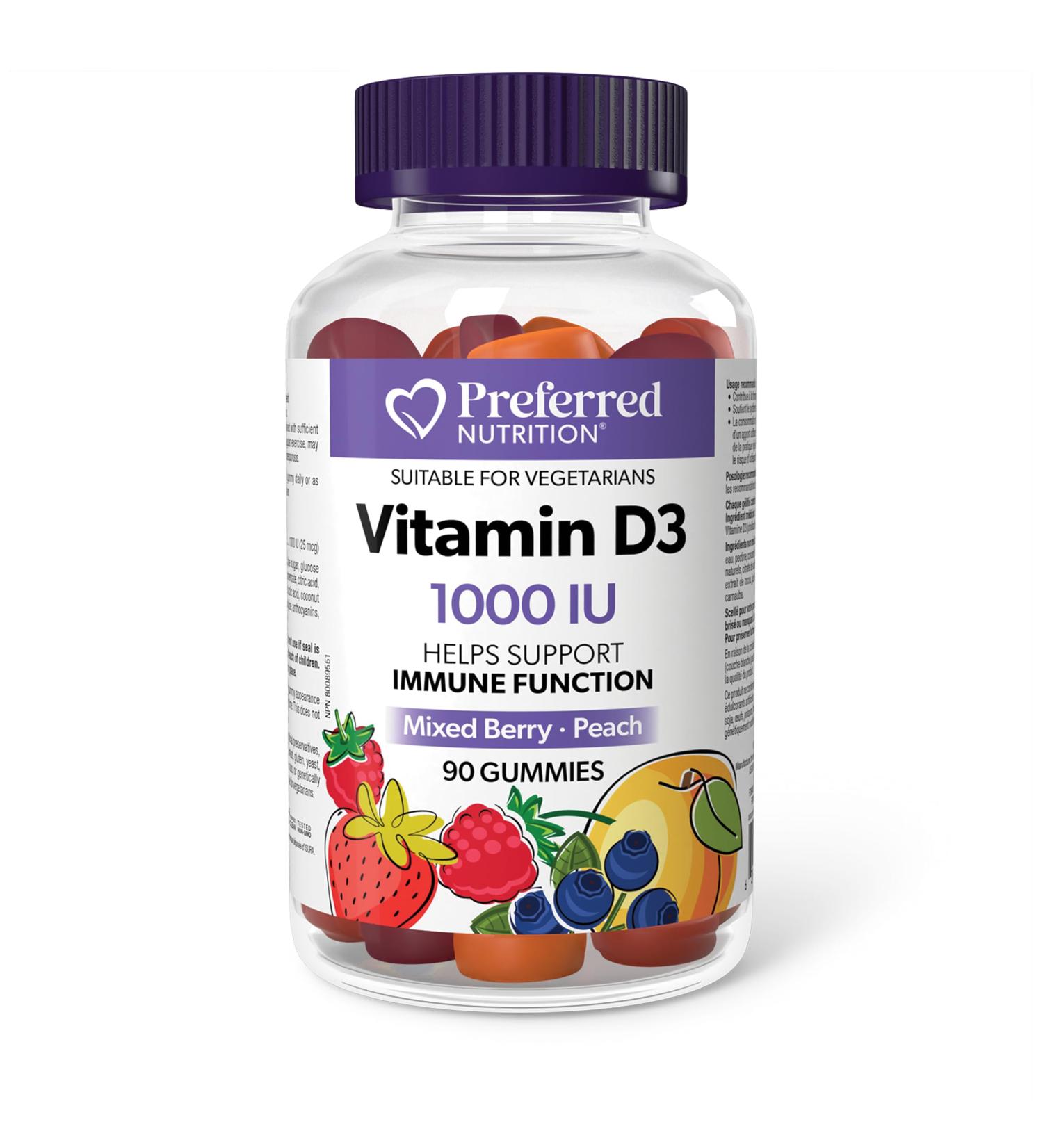 Preferred Nutrition Vitamin D3 1000IU 90 Gummies Mixed Berry-Peach Helps Support Immune Function Vegetarian 90 count (Pack of 1) D3 1000 IU - Buy Online on GoSupps.com