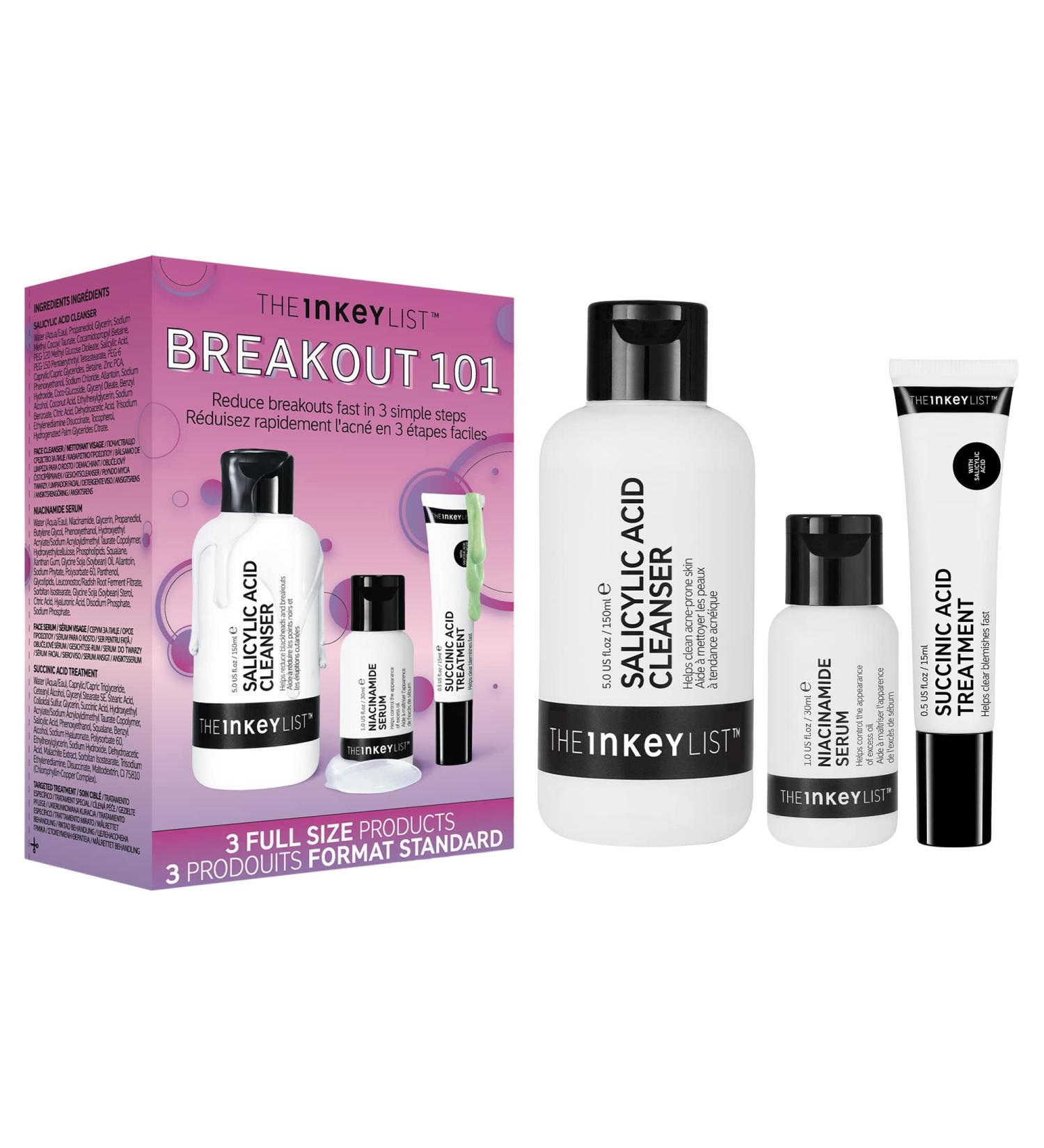 INKEY List Breakout 101 Kit: Salicylic Acid Cleanser, Niacinamide Serum, Succinic Acid Blemish Treatment for Clear Skin | All Ages - Buy Online on GoSupps.com