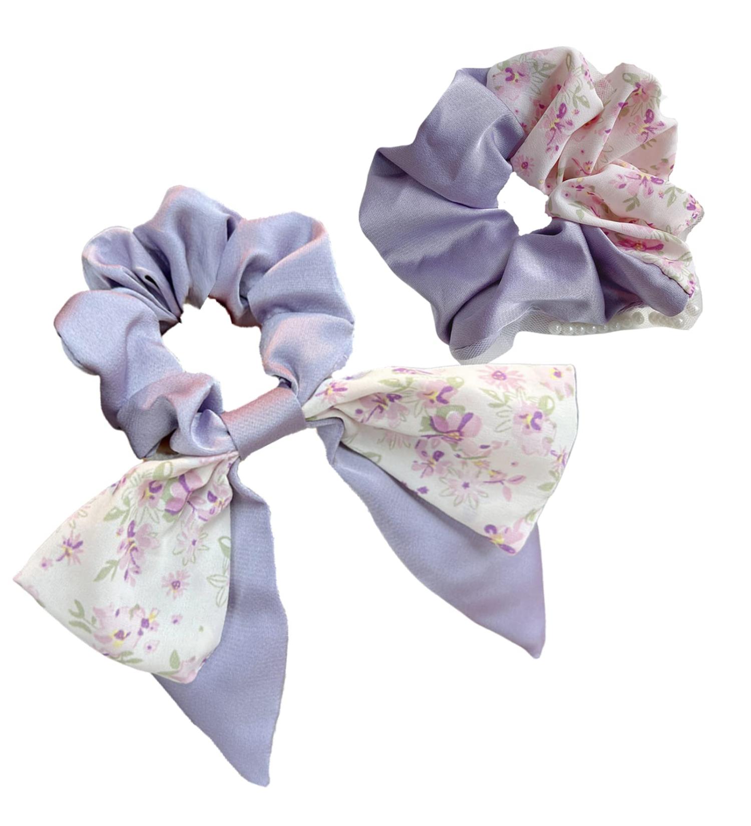Satin Silk Hair Scrunchies Set for Thick, Curly, and Thin Hair - Flower Bow Purple-2pcs - Buy Online on GoSupps.com