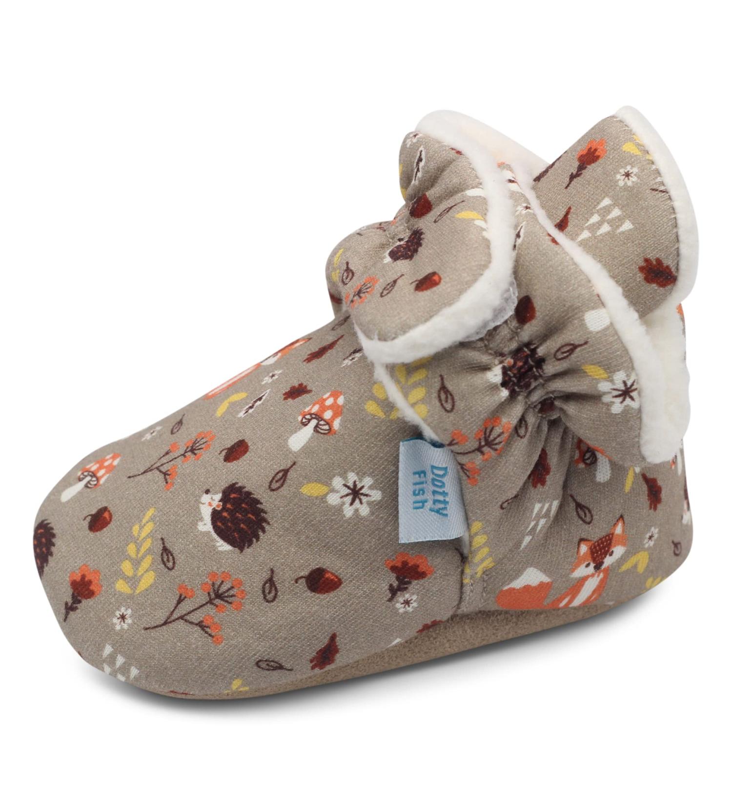 Dotty Fish Cotton Baby Booties with Suede Sole, Warm Fleece Lining | Non-Slip Pram Shoes for Boys, Girls, Unisex | Winter First Shoes 0-6 Months Brown Woodland Animals - Buy Online on GoSupps.com
