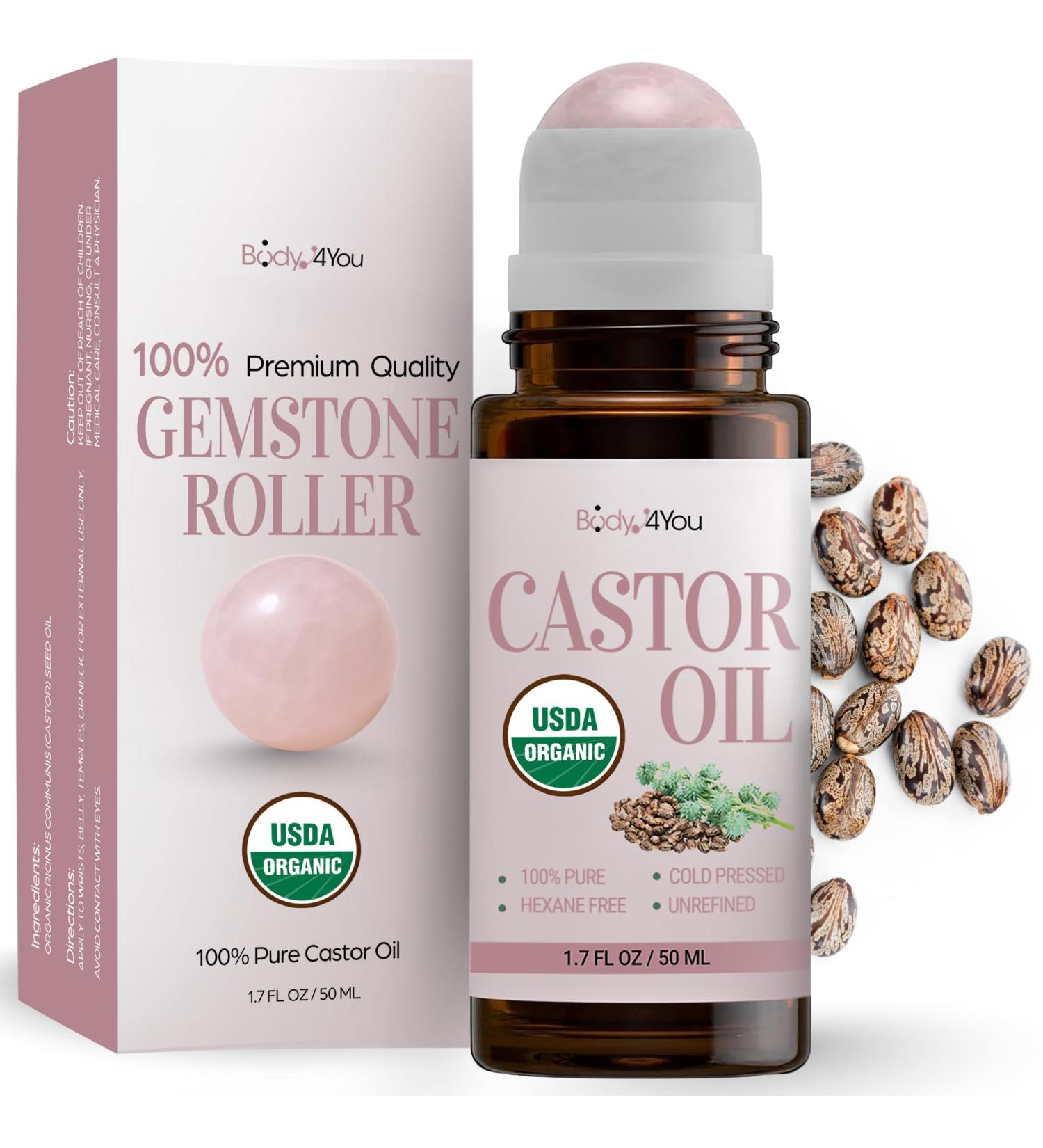 Castor Oil Roll On Eyelashes Eyebrows - 100% Pure Natural USDA Organic Cold Pressed - Hydrating Skin Hair Growth Oil Lashes - Non-GMO Hexane Free Unrefined - Natural Stone Roller Amber Glass 1.7 Fl Oz Unscented - Buy Online on GoSupps.com