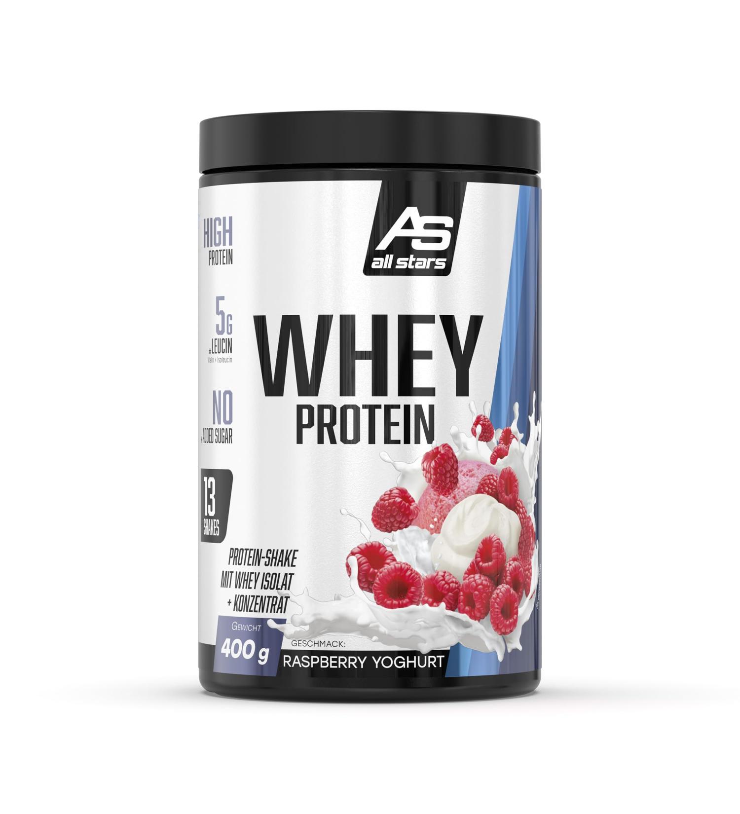 All Stars 100% Whey Protein 400g - Premium Whey Concentrate & Isolate Protein Powder Low-Fat Raspberry Yoghurt Flavor Creamy Shake - Buy Internationally - Buy Online on GoSupps.com