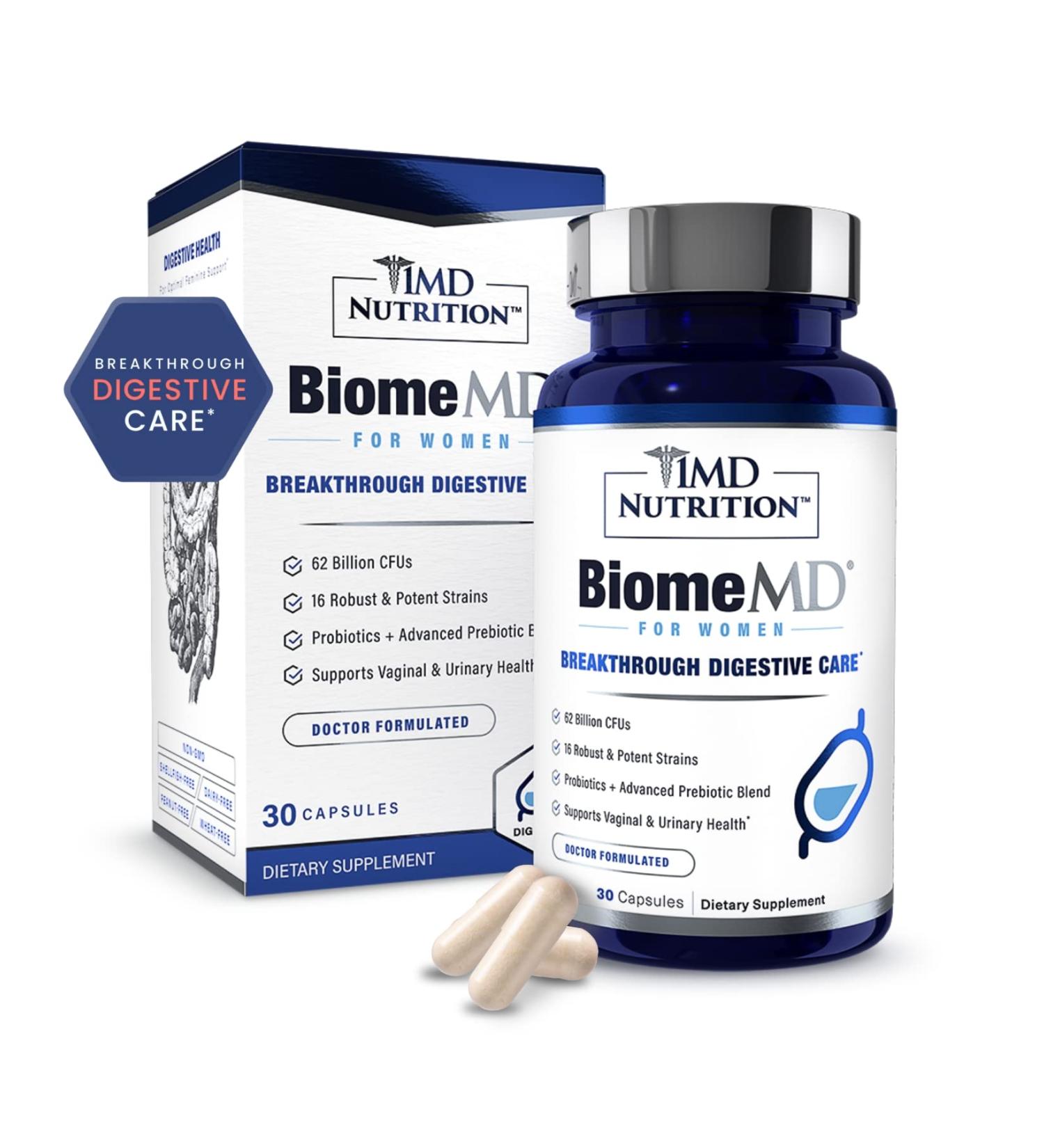 1MD Nutrition BiomeMD Probiotics for Women - Daily Prebiotics and Probiotics for Women - More Than 60 Billion CFUs 15 Strains - Womens Probiotic to Support Urinary & Vaginal Health - 30 Capsules 30 Count (Pack of 1) - Buy Online on GoSupps.com