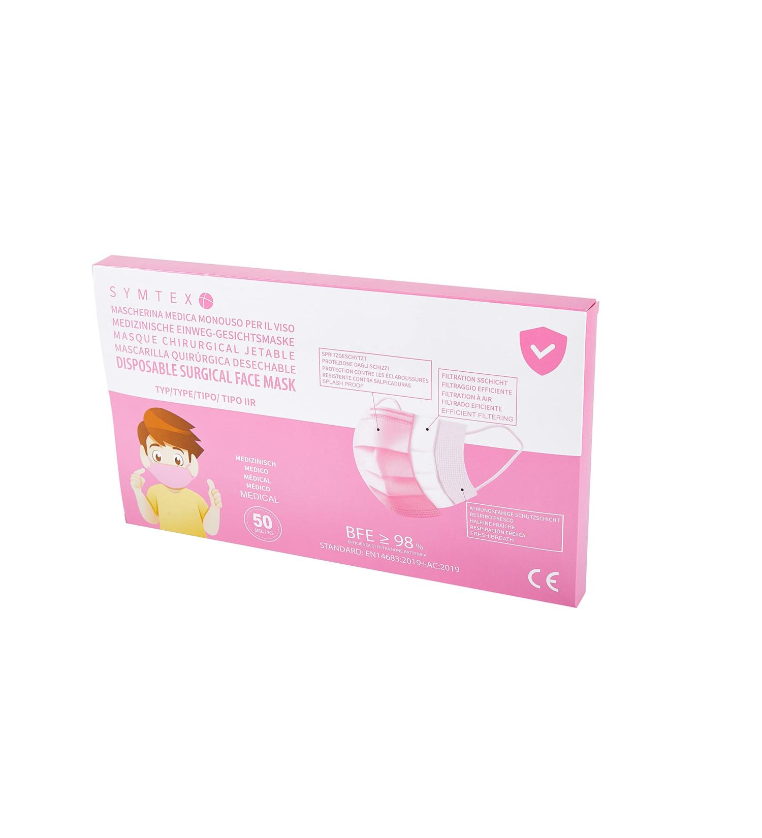Buy SymTex 50 PCs Kids Medical Masks | Type IIR EN 14683 Certified | 3-Layer Mouth & Nose Protection | Pink Children's Masks - Buy Online on GoSupps.com
