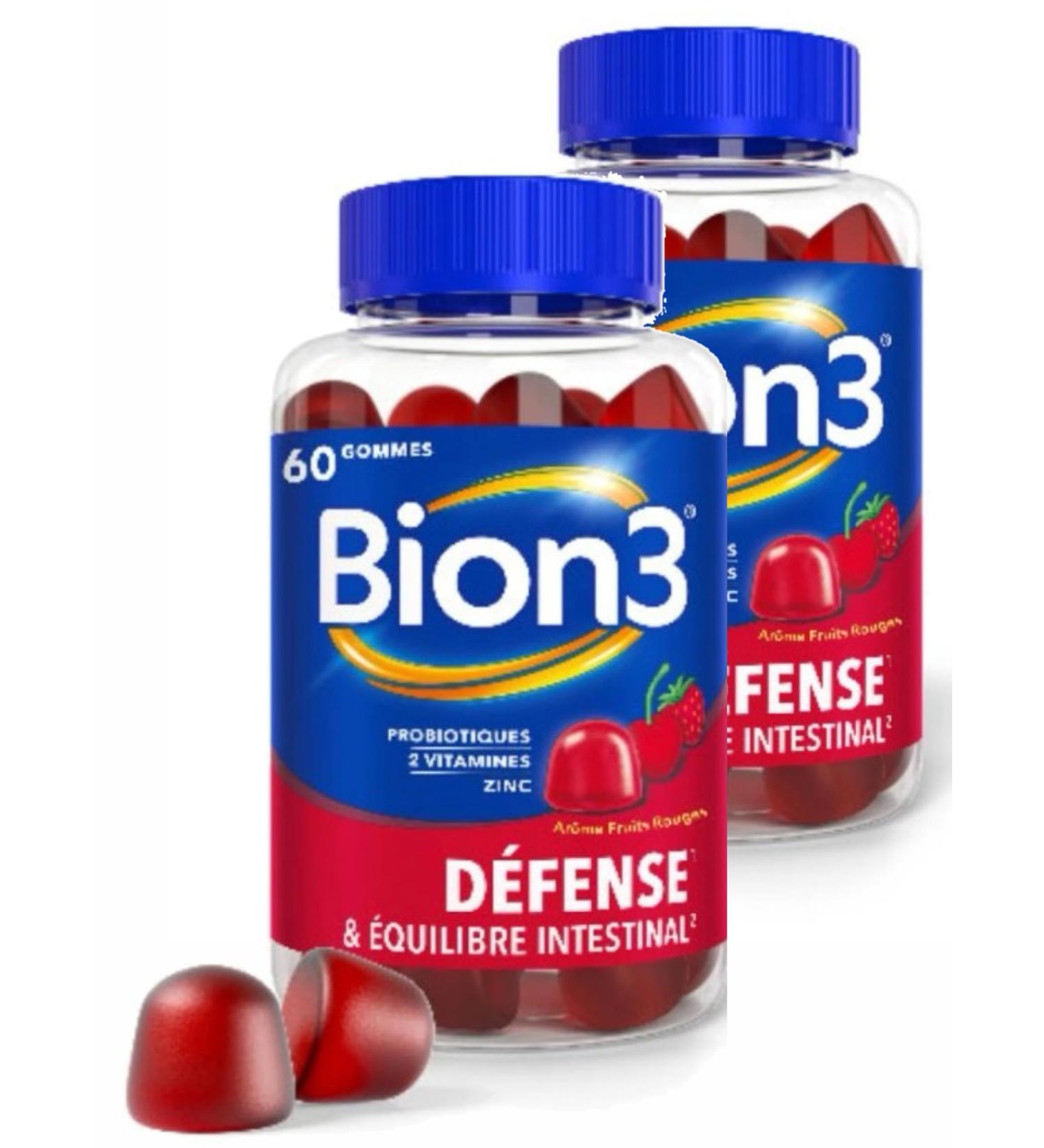 BION 3 DEFENSE et EQUILIBRE INTESTINAL - Probiotiques Vit C Vit B3 et ZINC - 60 Gommes - Lot De 2 Boites