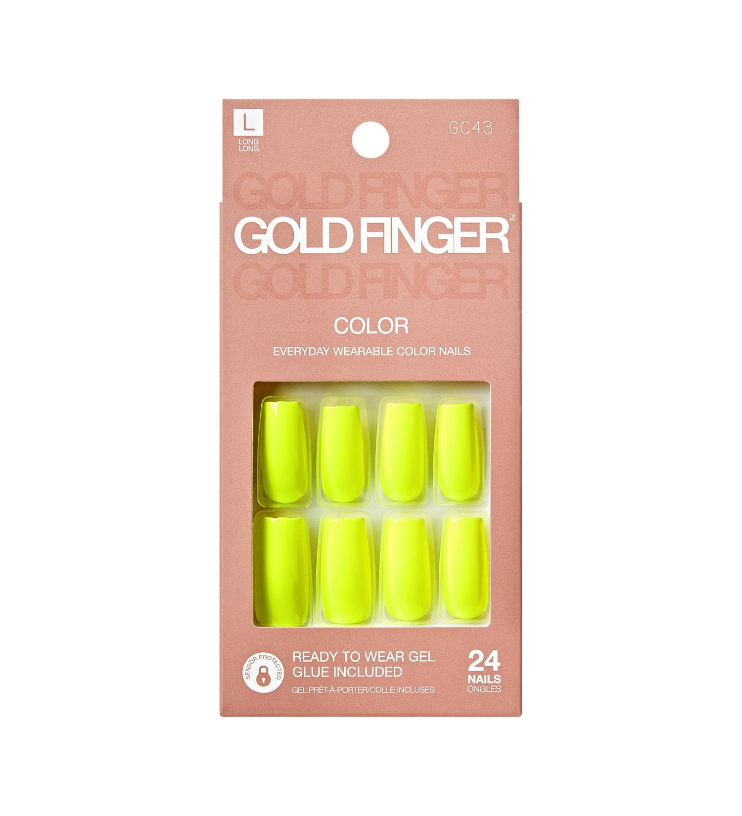 GoldFinger Neon Yellow False Nails Kit | Long Square Shape Fake Nails with Manicure Stick & Glue | Trendy Long-Lasting Glue-On Nails - Buy Online on GoSupps.com