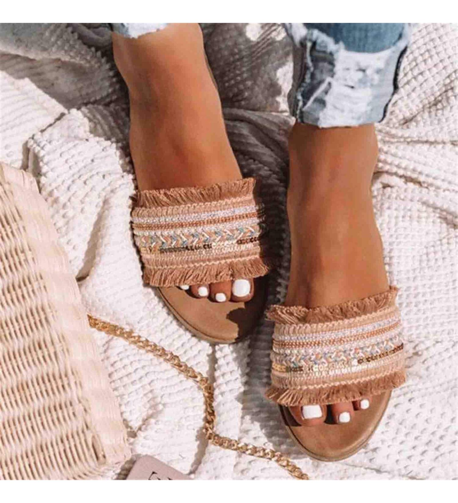 Creev Women's Open Toe Sandals - Summer Bohemia Embroidery Flip-Flops with Flower Beads | Folk-Boho Slipper Shoes in Apricot (EU Sizes 38 41 43) - Buy Online on GoSupps.com