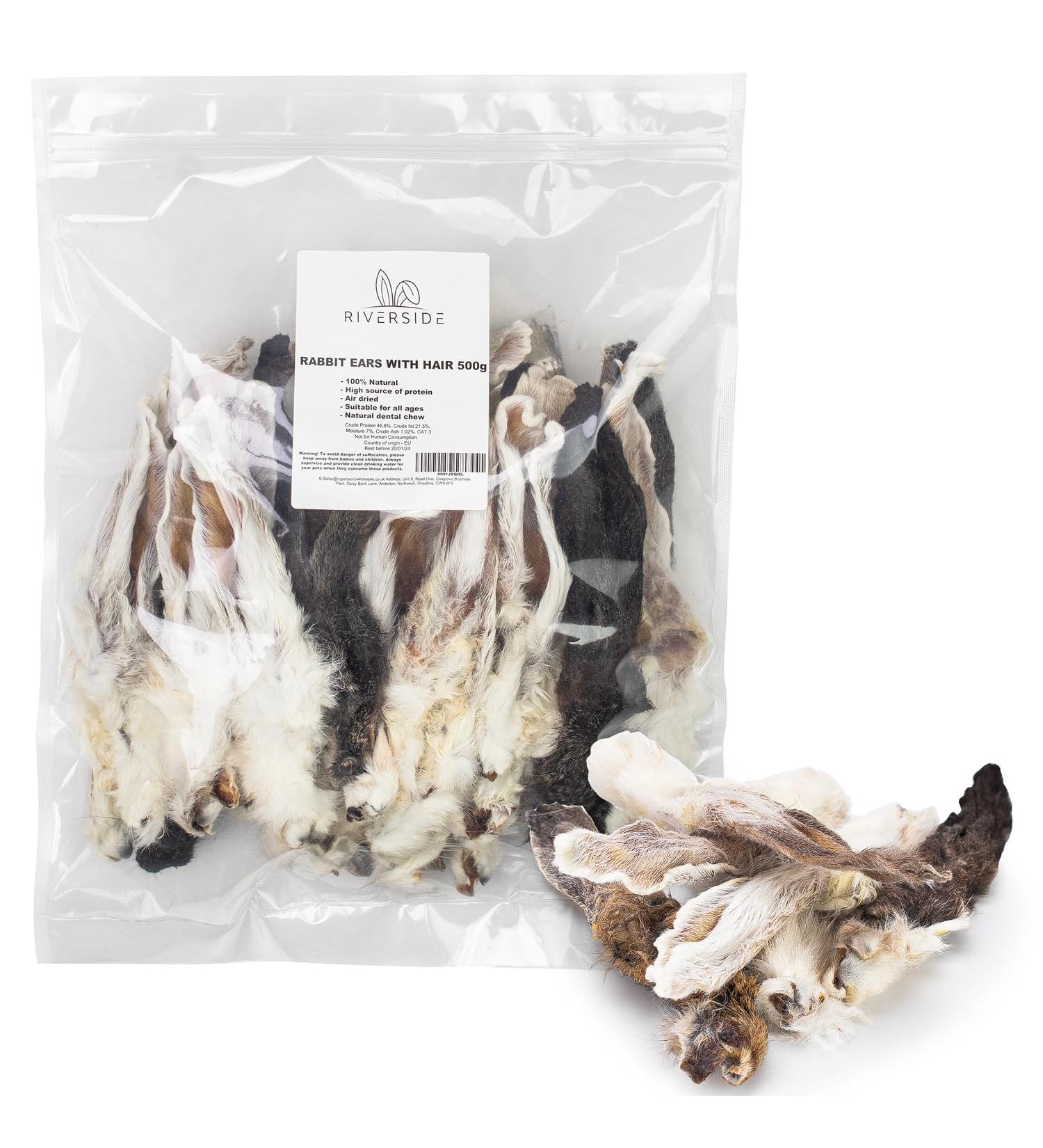 Riverside Rabbit Ears with Fur for Dogs (500g 20-25 Ears) - Very Hypoallergenic 100% Natural Air-Dried Treats For All Dogs - Large Small Adult Puppies - Raw Dog Treats - UK COMPANY 500 g (Pack of 1) - Buy Online on GoSupps.com