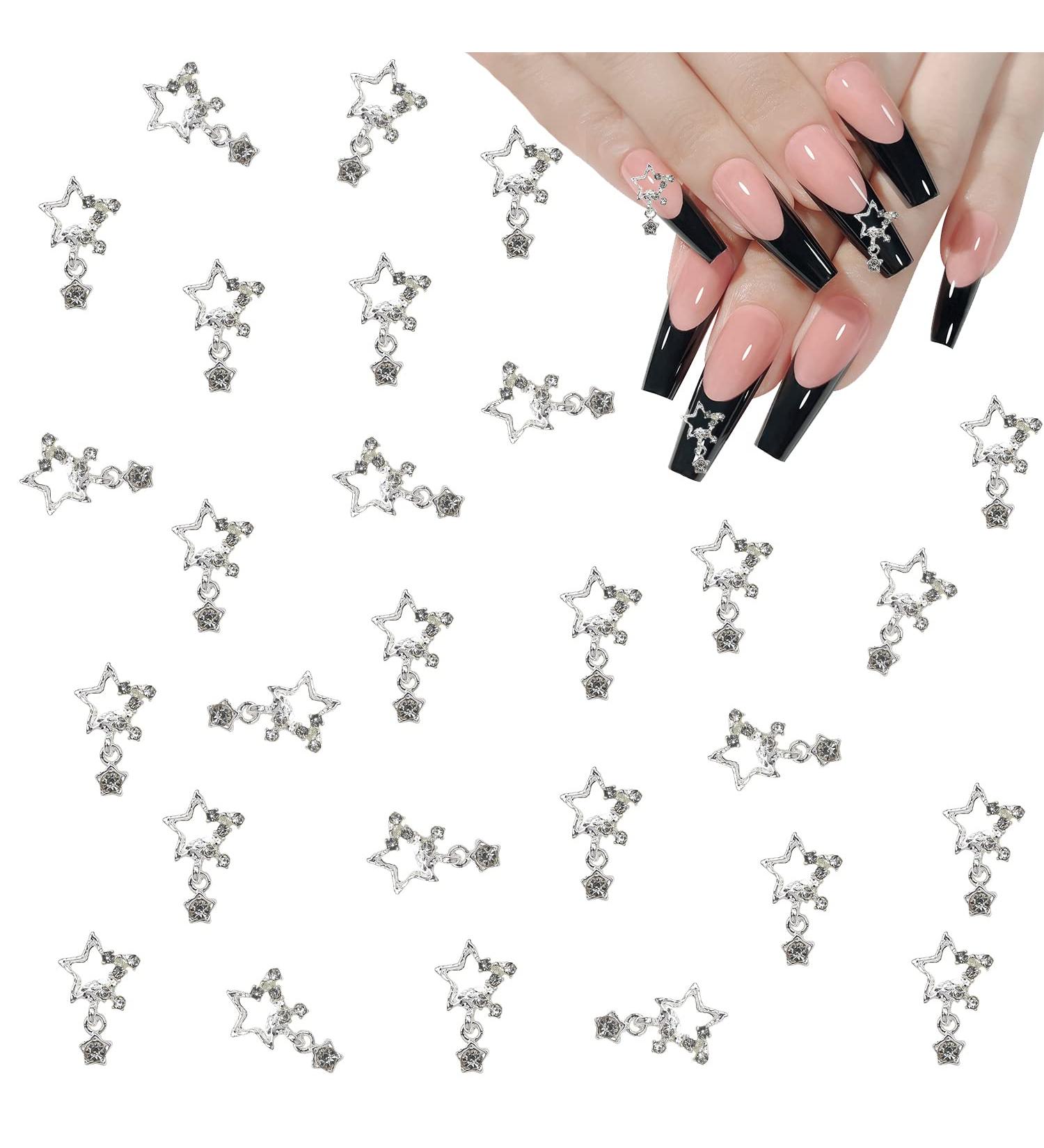 30PCS Dangling 3D Metal Star Nail Charms with Rhinestones - DIY Nail Art Jewelry for Women - Silver - Buy Online on GoSupps.com