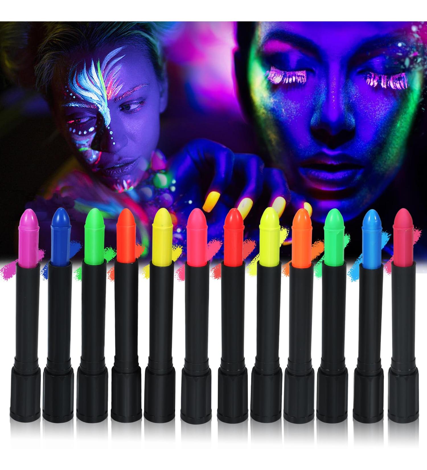 GLEEMEN Neon Face Body Paint Stick 12 Colors UV Blacklight Neon Fluorescent Face Paint with 4 templates Non Toxic Face Painting Club Makeup Art Paint Kit for Adults Kids Halloween Party Carnival 12 UV Colors - Buy Online on GoSupps.com