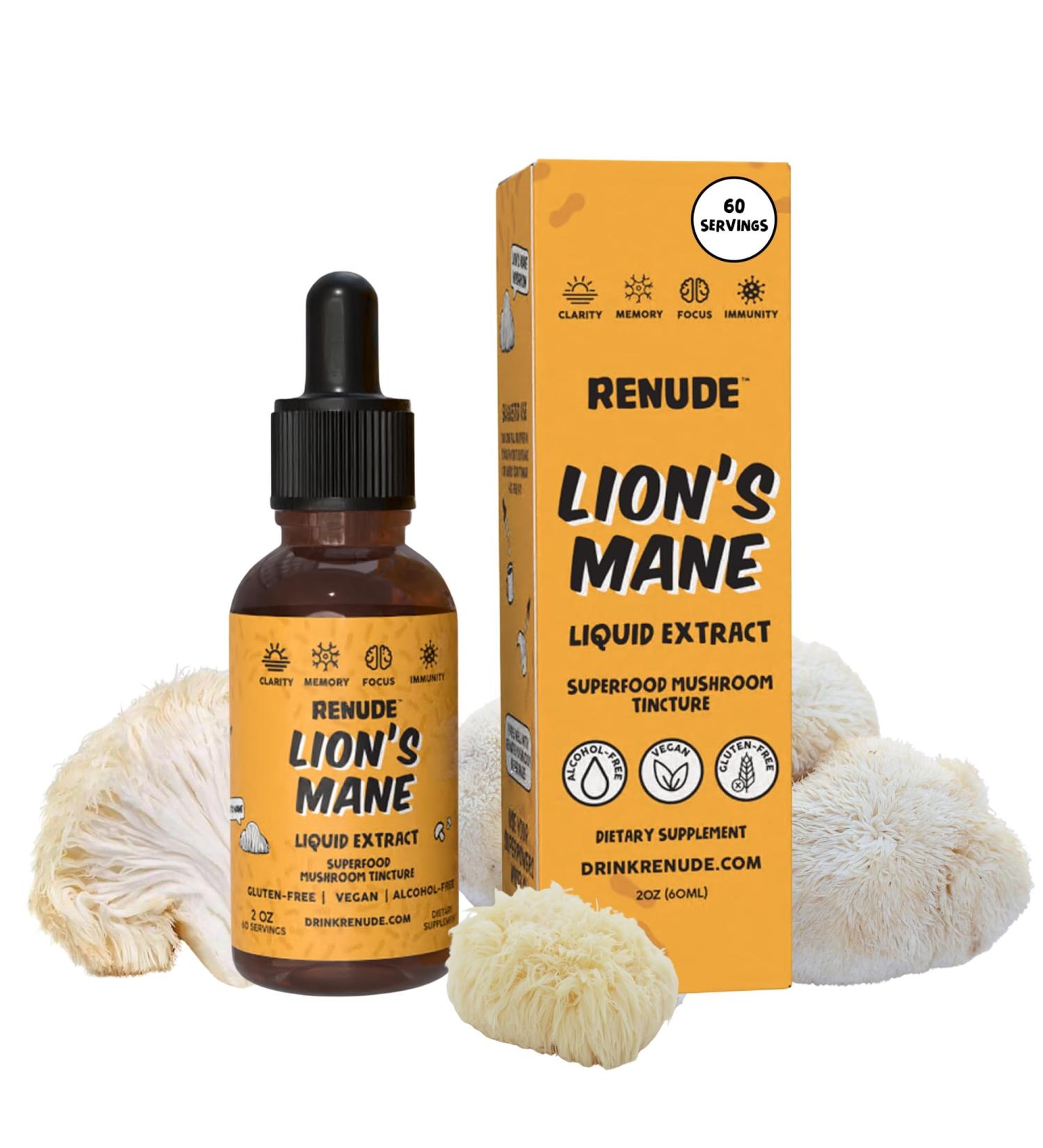 Renude Lion's Mane Liquid Extract - Mushroom Tincture Lions Mane Drops Supplement for Brain & Immune Support Promotes Focus & Memory Superfood Elixir for Men & Women Alcohol Free Vegan - 2 oz - Buy Online on GoSupps.com