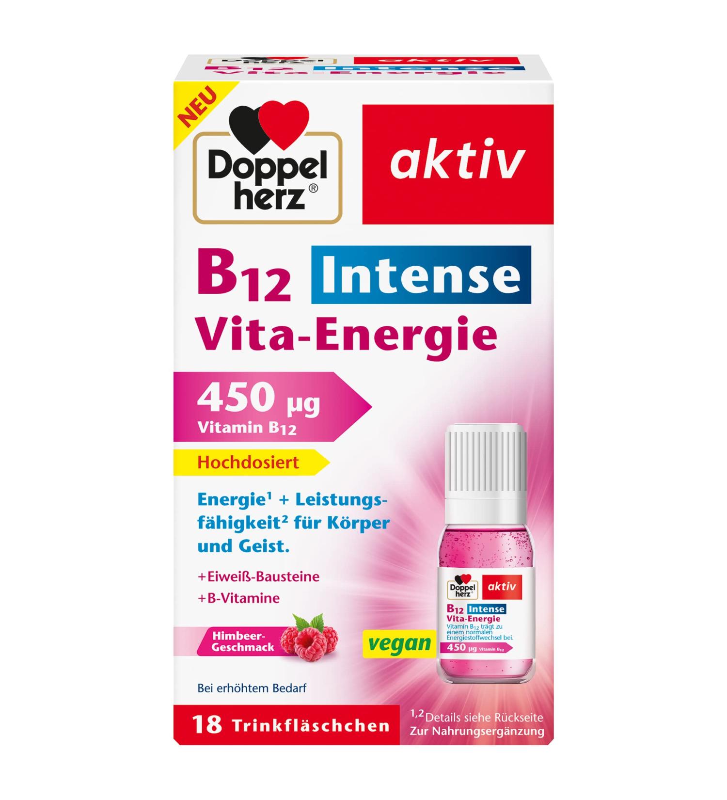 Buy Double Heart B12 Intense Vita-Energie | 450 g Vegan Vitamin B12 - 18 Ampoules (1 Pack) - International Shipping Available - Buy Online on GoSupps.com