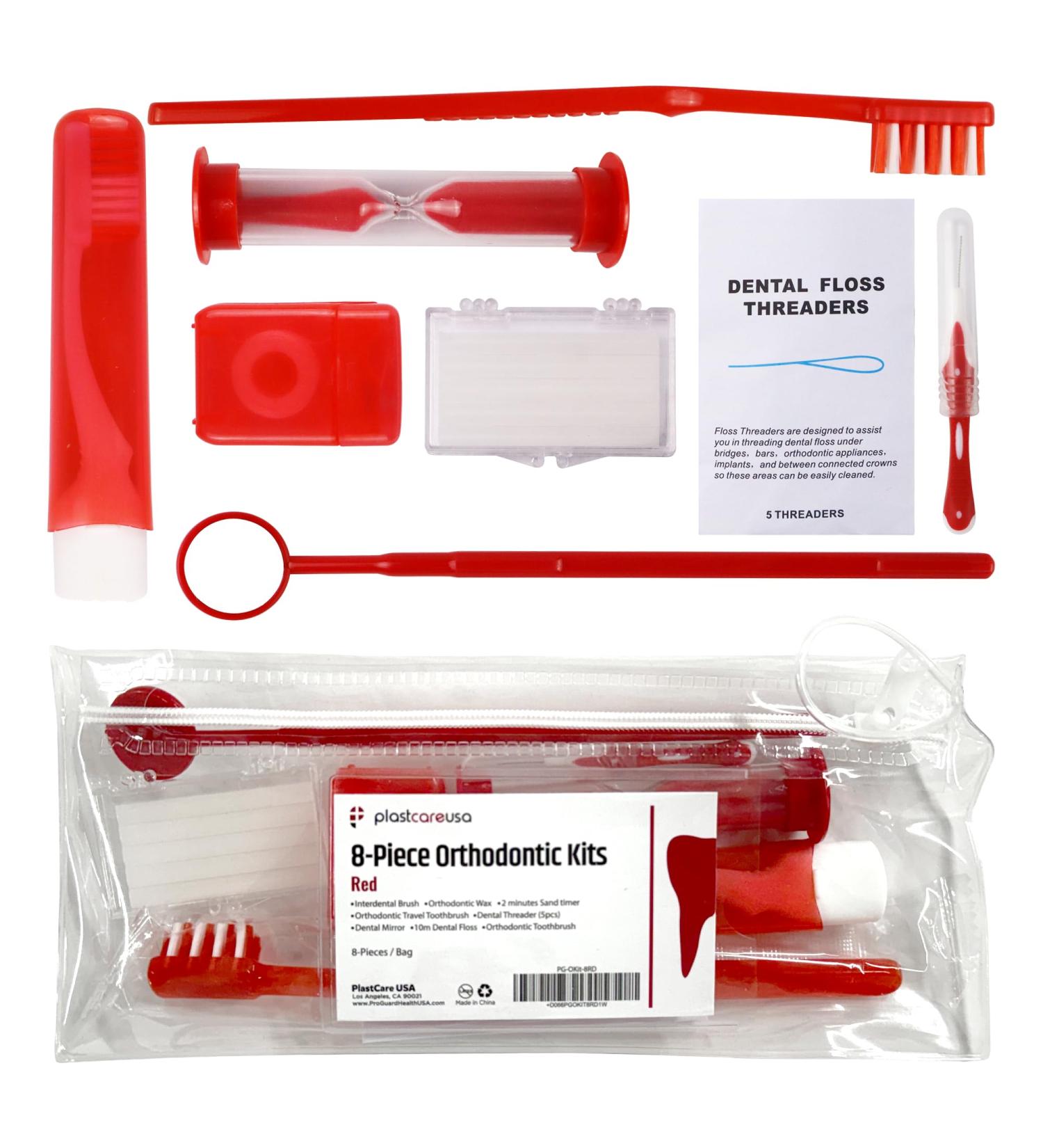 Red Orthodontic 8 Piece Braces Care Kit - Complete Dental Cleaning Set with Travel Toothbrush Wax Floss & Brackets Cleaner for Essential Orthodontia Care - Buy Online on GoSupps.com
