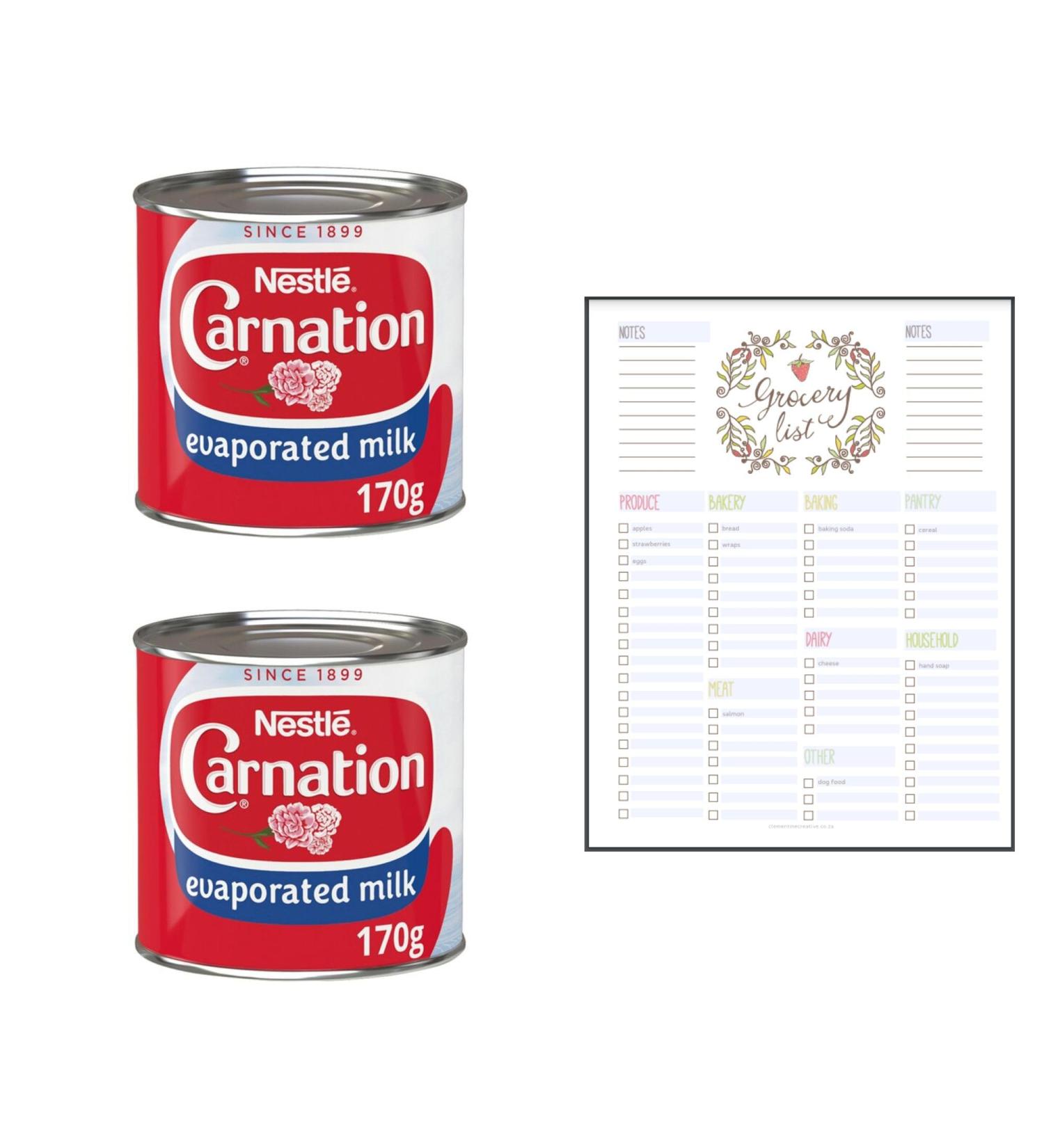 Evaporated Milk Bundle which Contains Carnation Evaporated Milk 170g - Pack of 2 with Grocery List Card - Buy Online on GoSupps.com