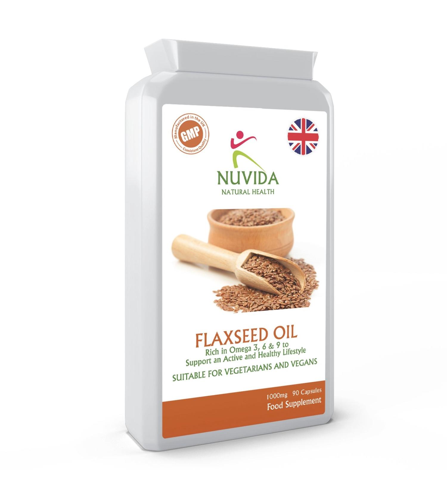 Nuvida Flaxseed Oil Capsules 1000mg - Omega 3, 6, 9 Rich Soft Gels - Immunity, Skin & Heart Support - 90 Capsules - Buy Online on GoSupps.com