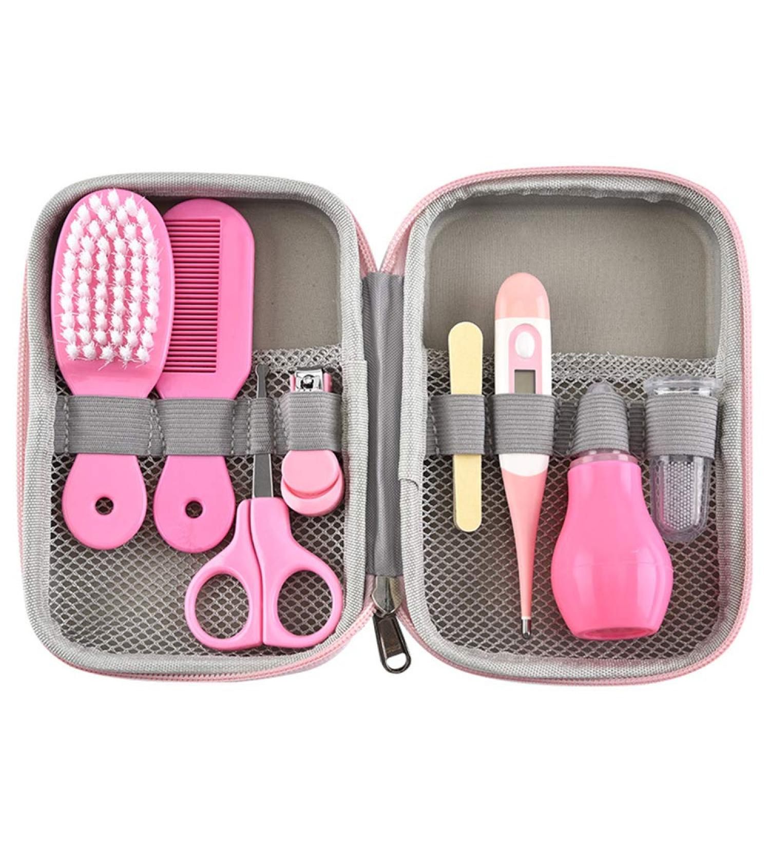 Premium 8-Part Baby Care Set - Newborn Healthcare Kit with Thermometer Nasal Sucker Comb & Nail Scissors - Pink | International Shipping - Buy Online on GoSupps.com