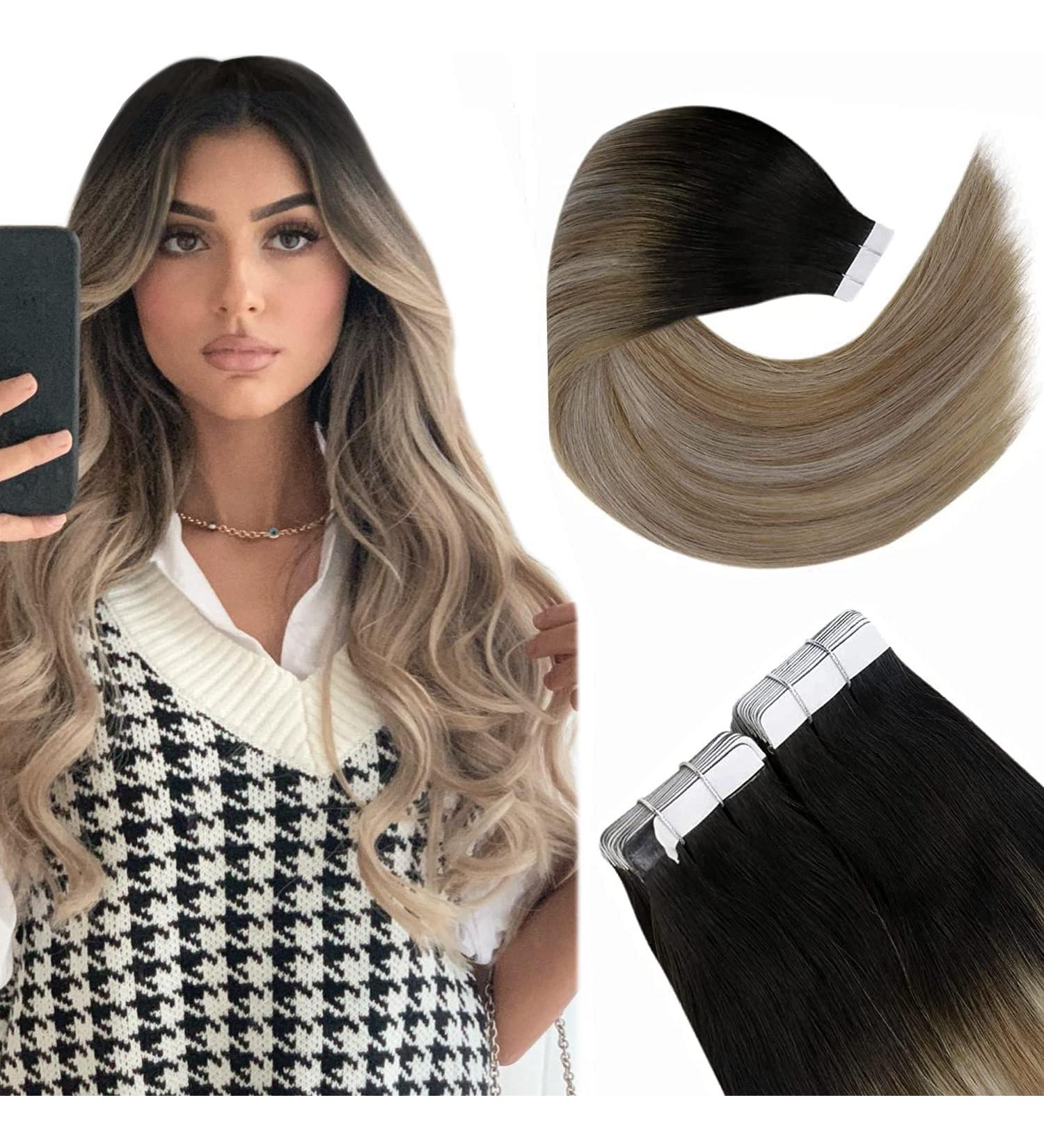 Tape In Real Hair Extensions - 22 Blond Ombre Balayage | Remy Hair - #1B/10/60 - 50g/20pcs - Buy Online on GoSupps.com