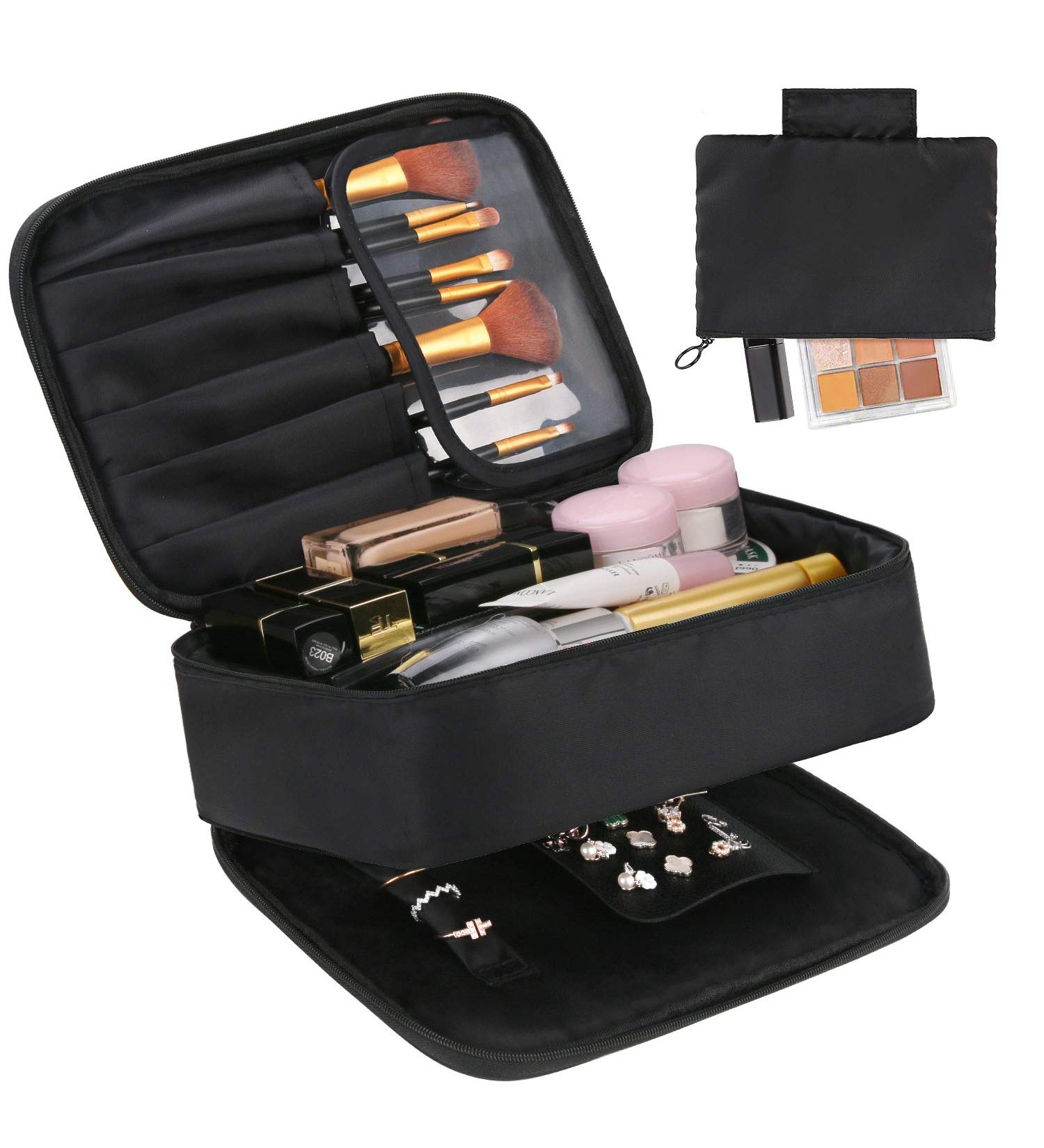DIMJ 2-in-1 Travel Makeup & Jewelry Bag - Portable & Waterproof Organizer for Cosmetics, Brushes, Necklaces, Earrings, Bracelets - Black - Buy Online on GoSupps.com