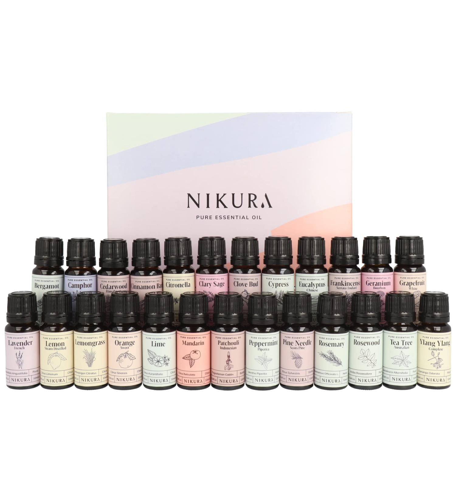 Nikura Expert Essential Oil Gift Set - 25 x 10ml | Aromatherapy Oils for Diffusers, Sleep, Skin & Hair | Lavender, Eucalyptus, Peppermint, Tea Tree | 25 Natural Oils Set - Buy Online on GoSupps.com