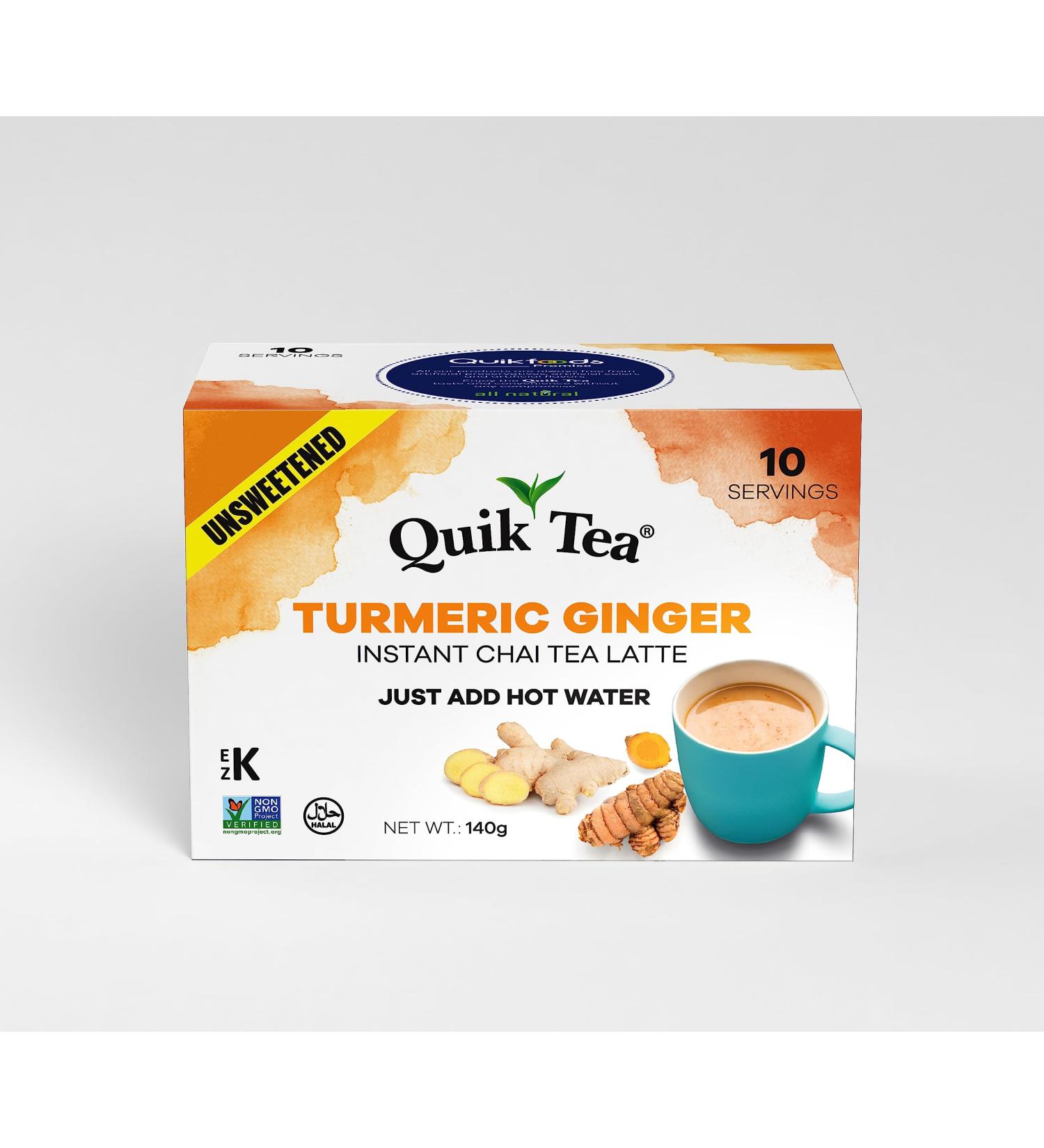QuikTea Unsweetened Turmeric Ginger Chai Tea Latte - 10 Count Single Box - All Natural & Preservative Free Authentic Instant Chai 10 Count (Pack of 1) - Buy Online on GoSupps.com