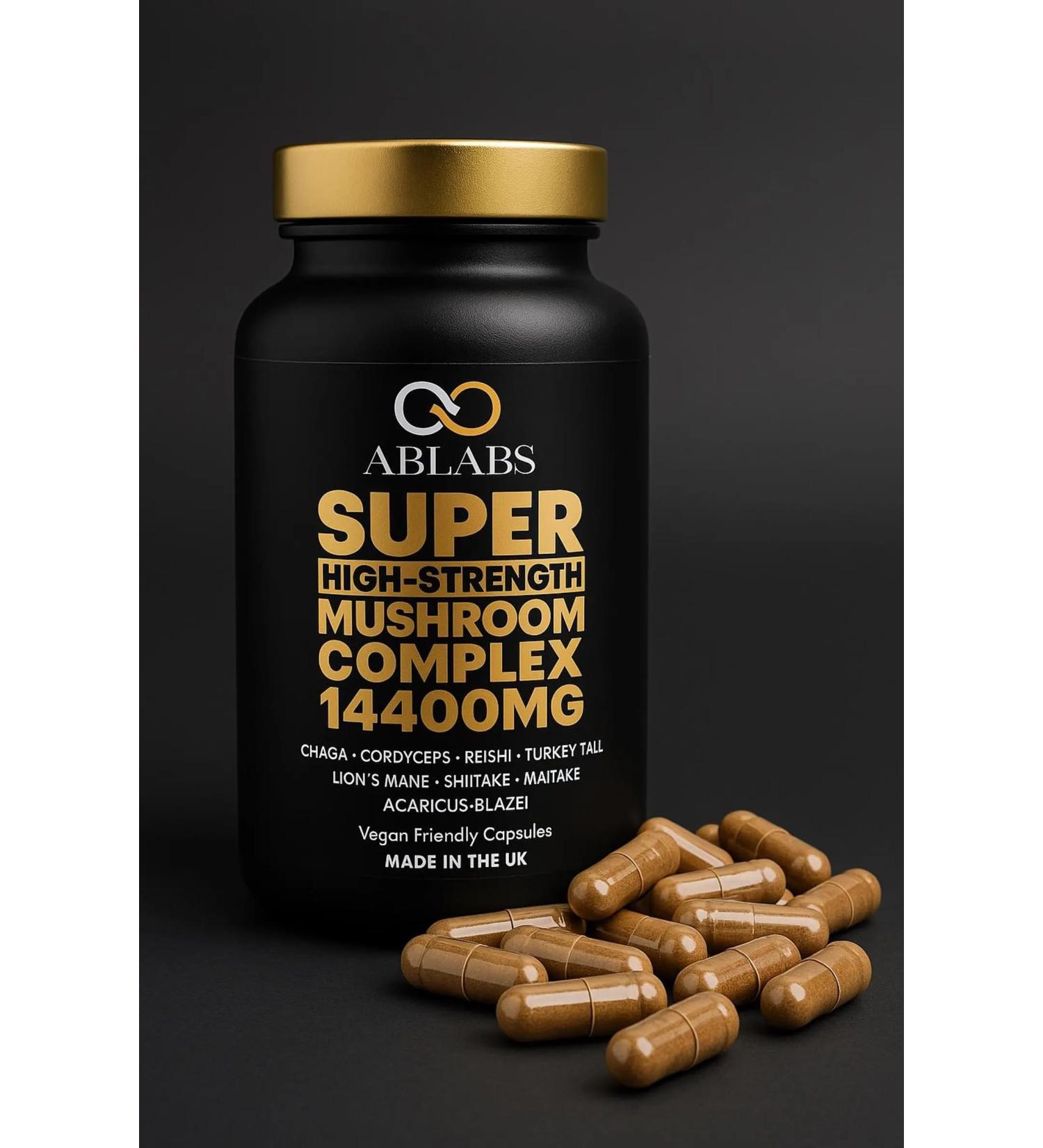 Ablabs Elixer Super High-Strength Mushroom Complex 14400mg 8-in-1 Blend Vegan Capsules 20:1 Extracts Made in The UK (30)