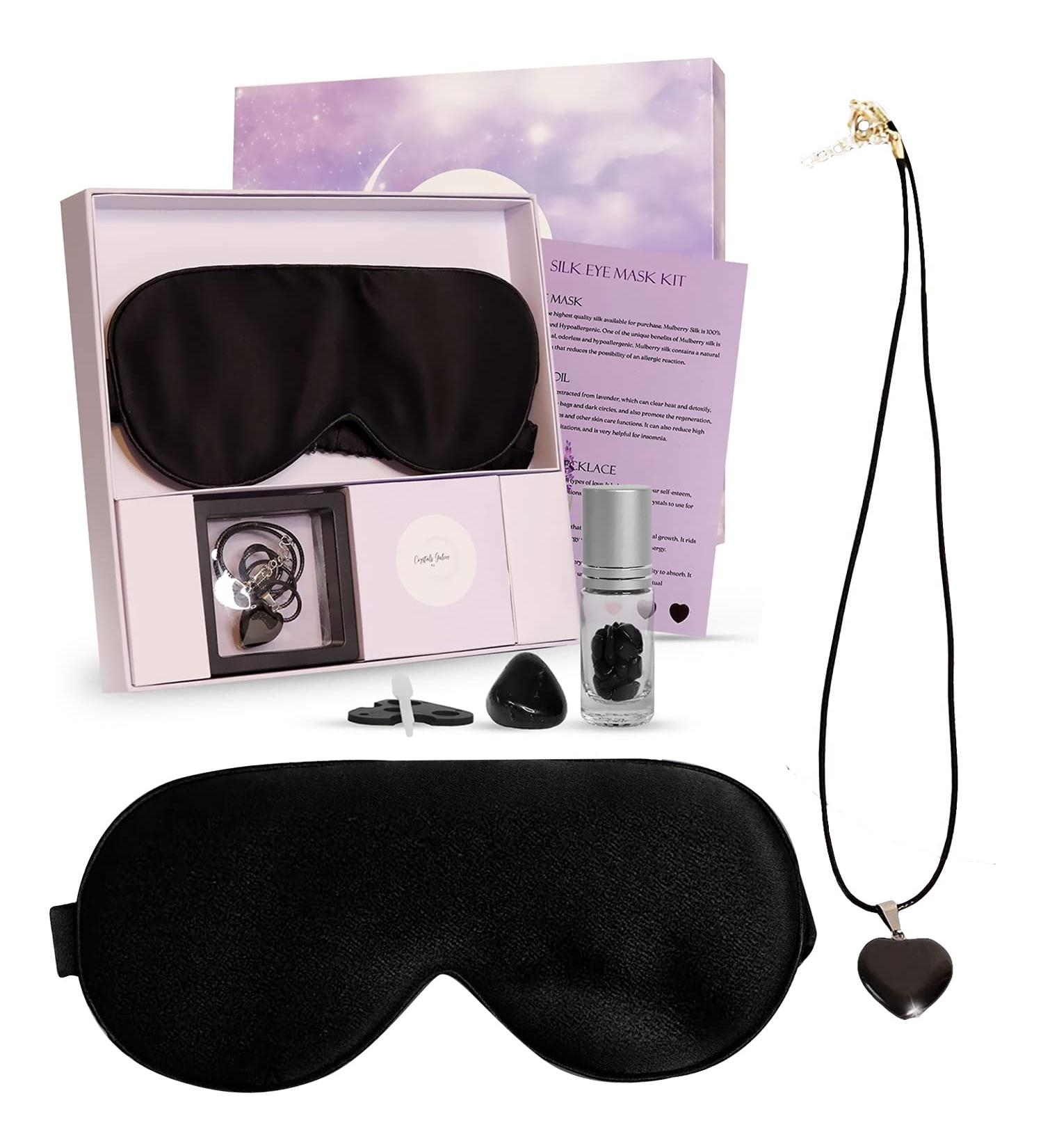 Shop Organic Black Mulberry Silk Eye Mask Gift Set - Hypoallergenic Sleep Mask with Necklace & Oil Roller - Buy Online on GoSupps.com