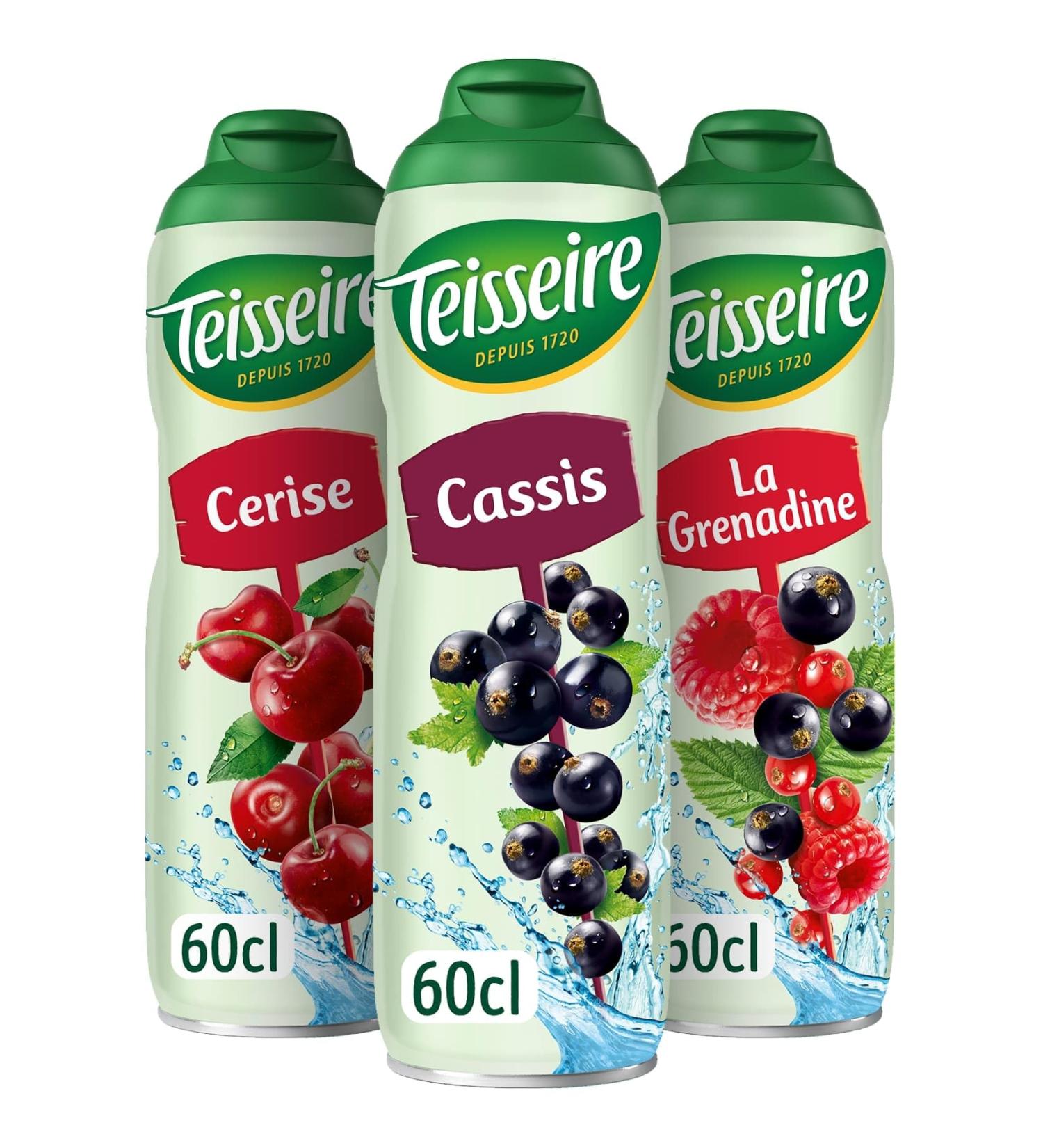Set of 3 Teisseire Syrups (Cassis Cherry Grenadine) for Refreshing Drinks Cocktails Recyclable Bottle 3 x 60 cl - Buy Online on GoSupps.com
