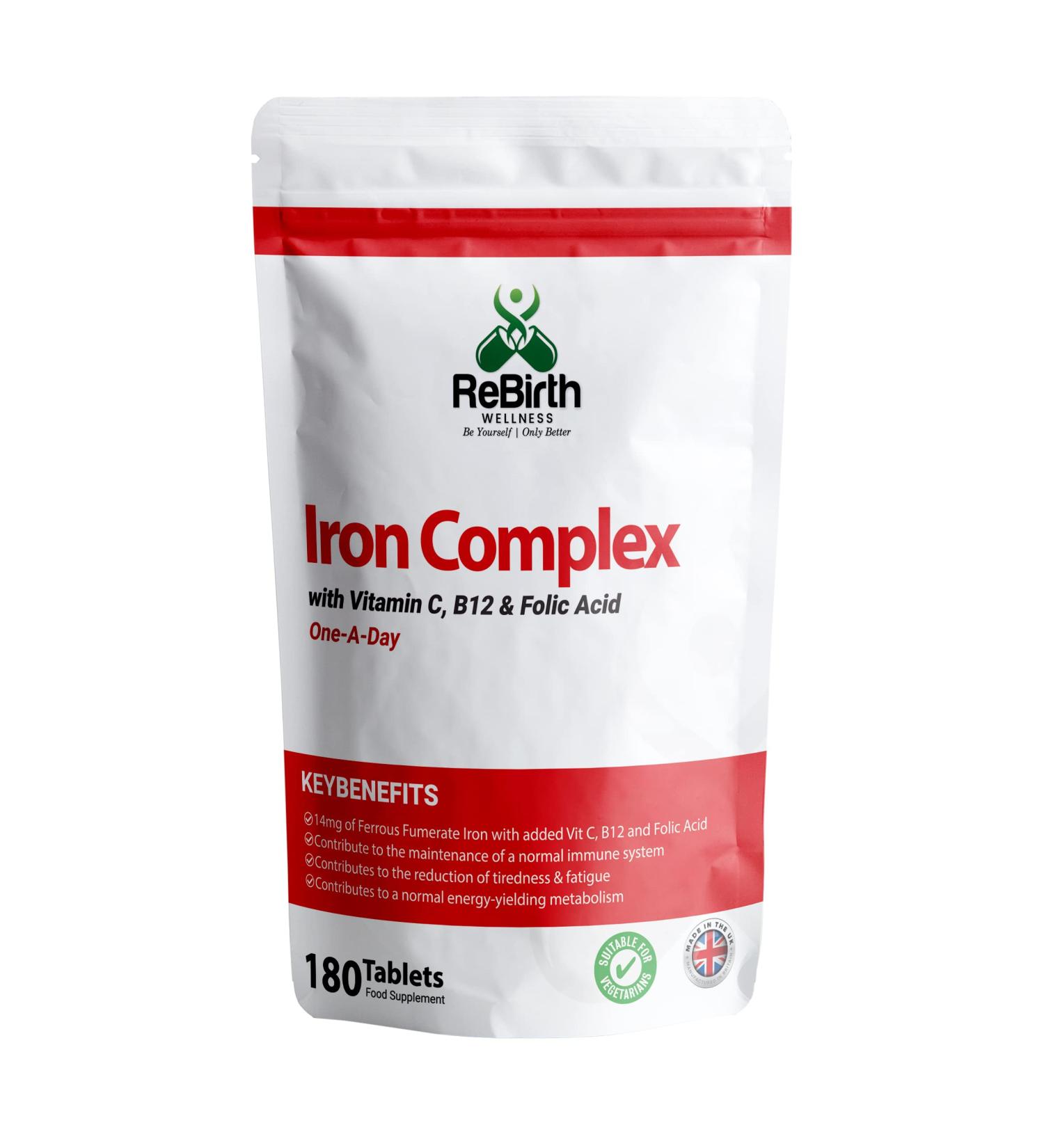 High Strength Iron Supplements with Vitamin C, B12, and Folic Acid - 180 Tablets | Made in the UK | Rebirth Wellness - Buy Online on GoSupps.com