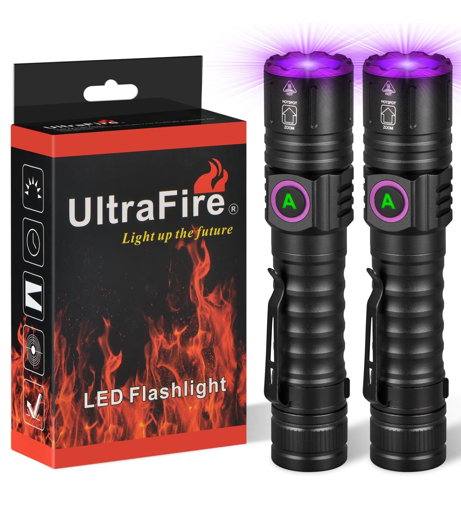 ULTRAFIRE UV 395nm Torch - USB Rechargeable Powerful Ultraviolet LED Black Light Ideal for Resin Curing/Scorpion Detection/Fluorescent Discovery/Pet Urine Disclosure - Pack of 2 - Buy Online on GoSupps.com