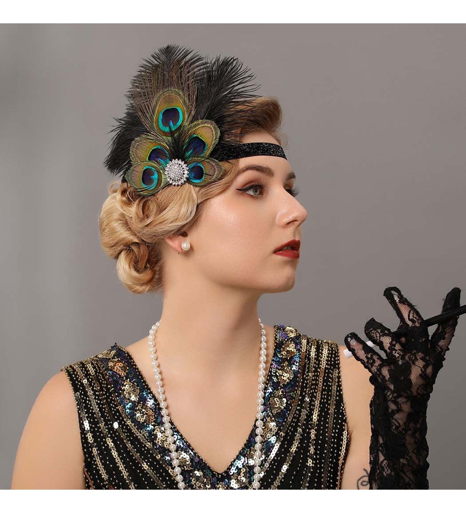 Fashband 1920s Headbands Rhinestones Vintage Peacock Headband Feather Headpiece Great Gatsby Costume Accesories for women and girls (silvery) - Buy Online on GoSupps.com
