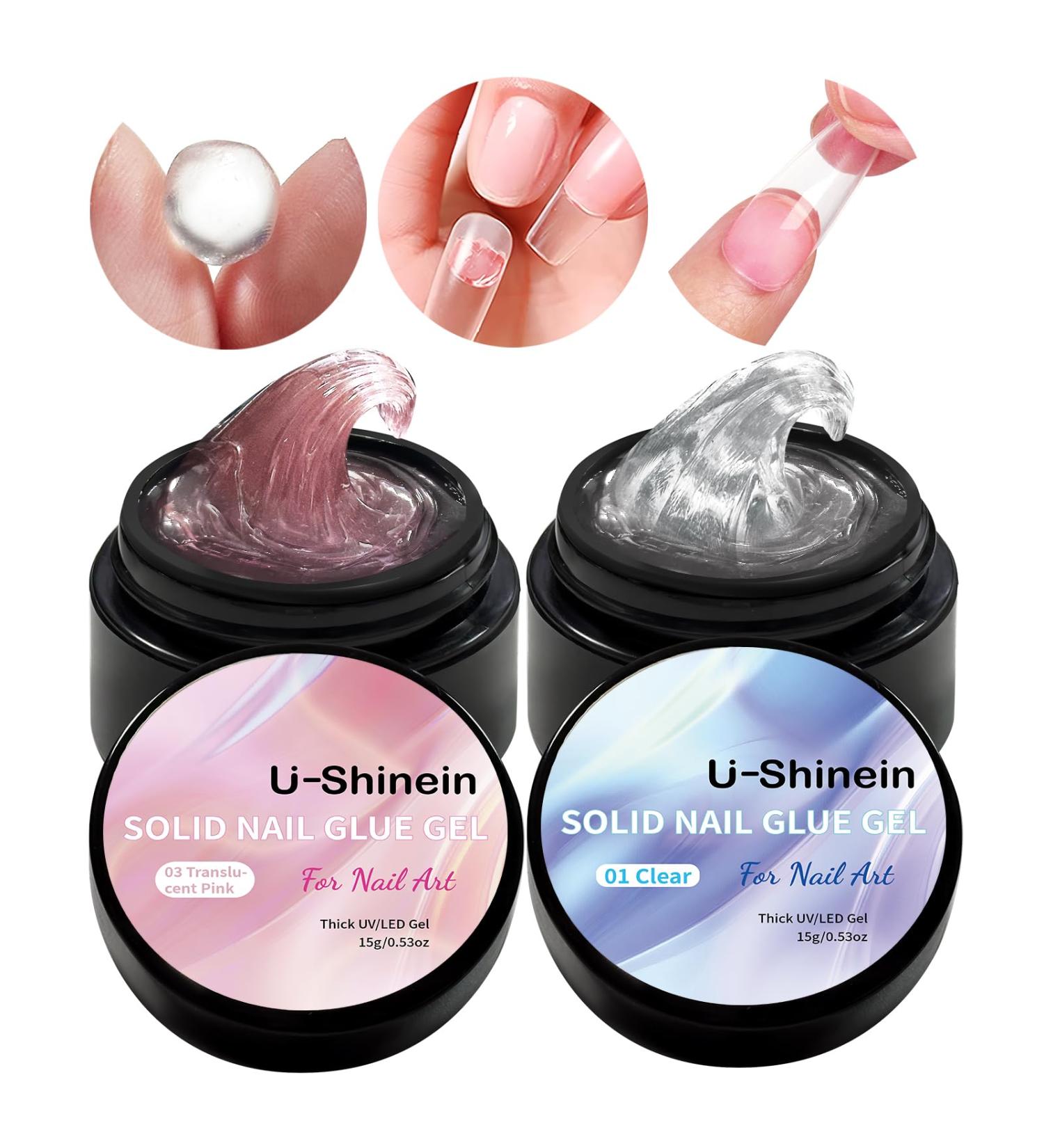 U-shinein 2x15ml Solid Nail Glue Gel - Acrylic & Press-On Nail Tips Translucent Pink & Transparent for Nail Art Manicure - Buy Online on GoSupps.com