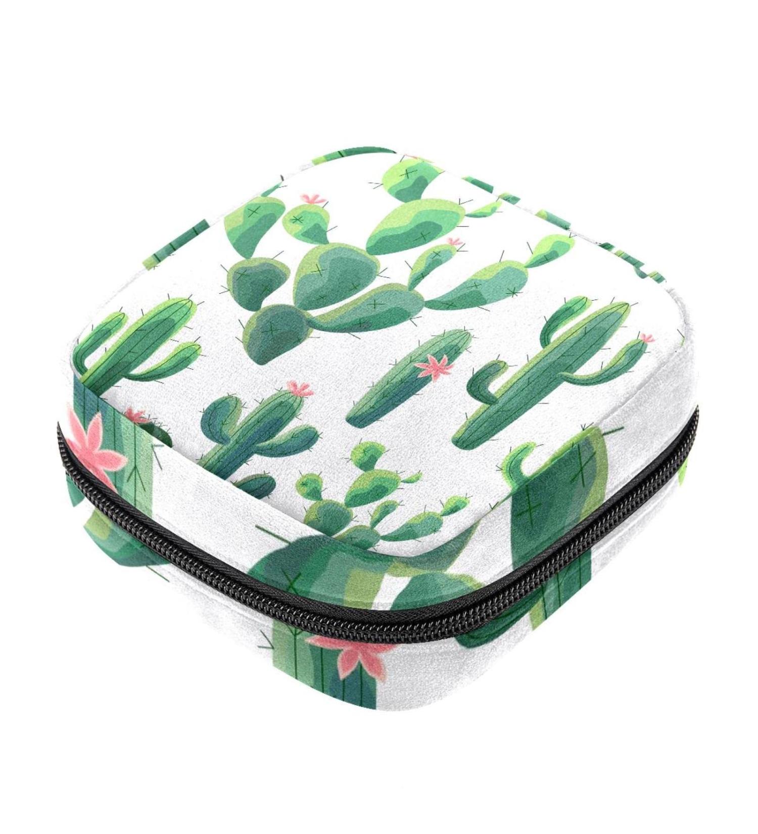 Stylish Tropical Cactus Menstruation Pad Bag with Zipper | Women's Napkin & Tampon Organizer | Eco-Friendly & Durable Tote for Girls - Buy Online on GoSupps.com