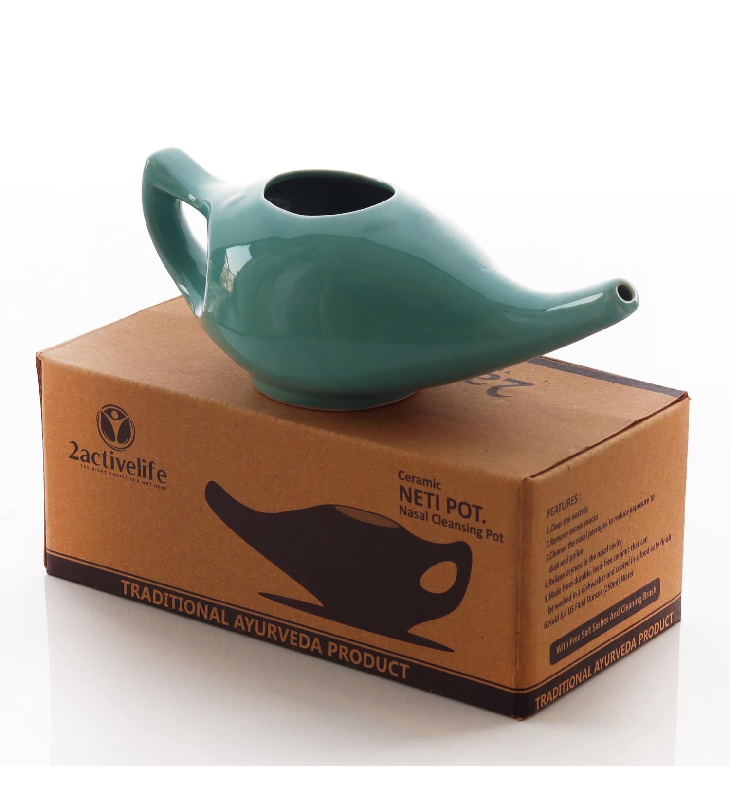 2activelife 225ml Turquoise Ceramic Neti Pot for Sinus Rinse | Premium Grade, Dishwasher Safe | Includes 5 Sachets of Neti Salt - Buy Online on GoSupps.com