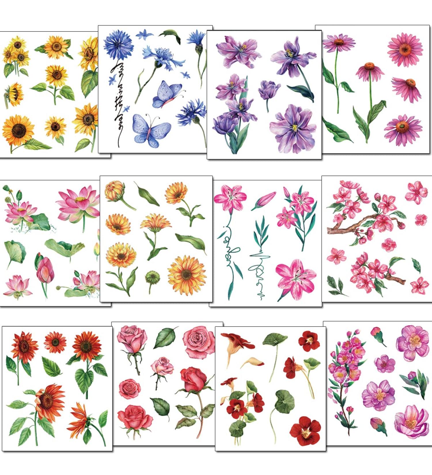 Tazimi 3D Flower Temporary Tattoos - 12 Waterproof Sheets for Women, Sunflowers, Roses, Leaves - Body & Face Art - Buy Online on GoSupps.com