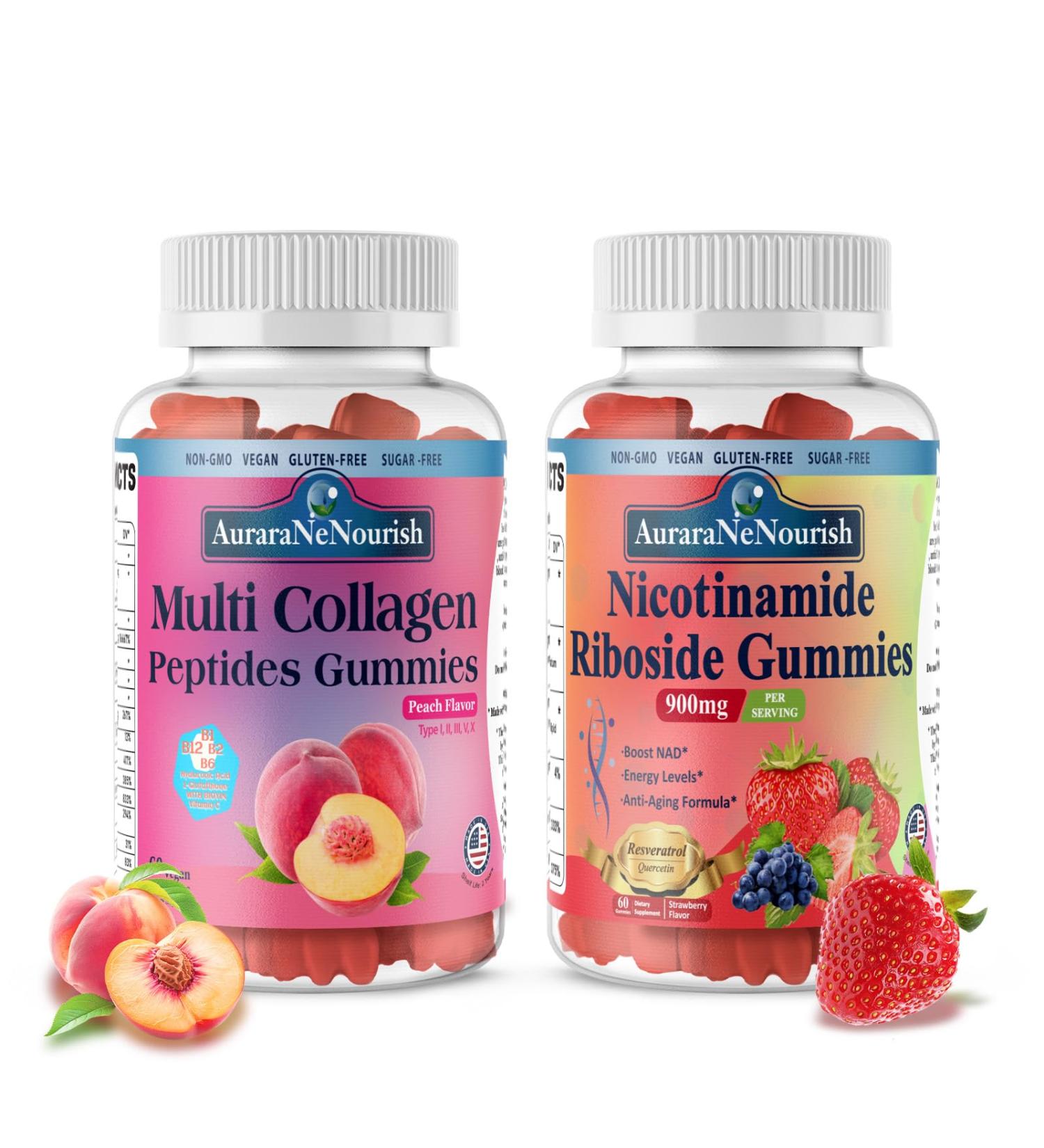 2 Pack Multi Collagen Peptides Peach Gummies & Nicotinamide Riboside Gummies Sugar-Free for Women Men - Buy Online on GoSupps.com