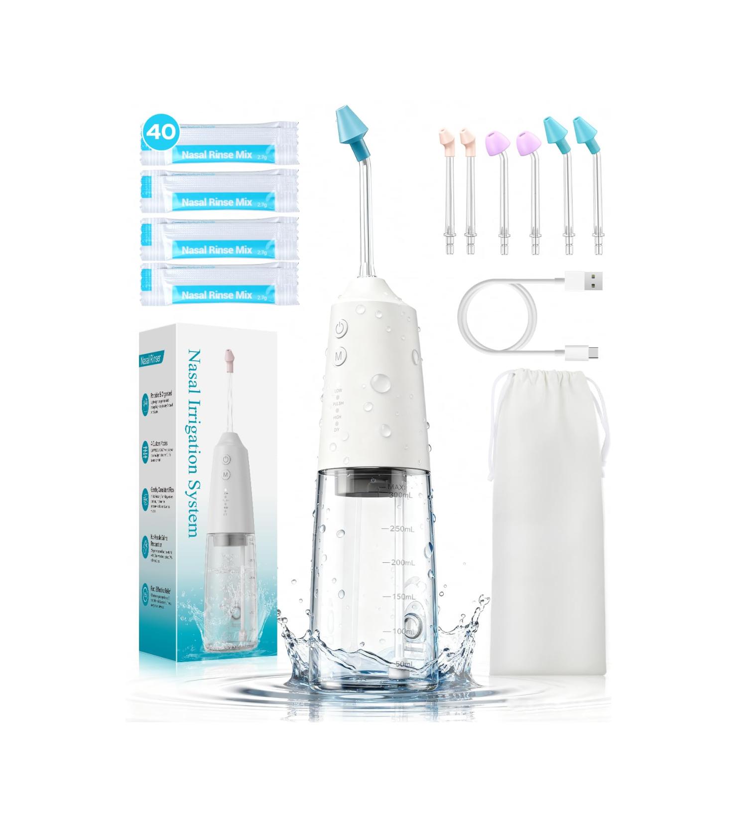 Nasal Irrigation System with 40 Saline Packets 15s Quick Relief Nettie Pot Sinus Rinse with 4 Speeds 1000mah USB-C Charging 6 Nozzles for Kid Adult IPX7 Waterproof Congestion Pressure Relief - Buy Online on GoSupps.com