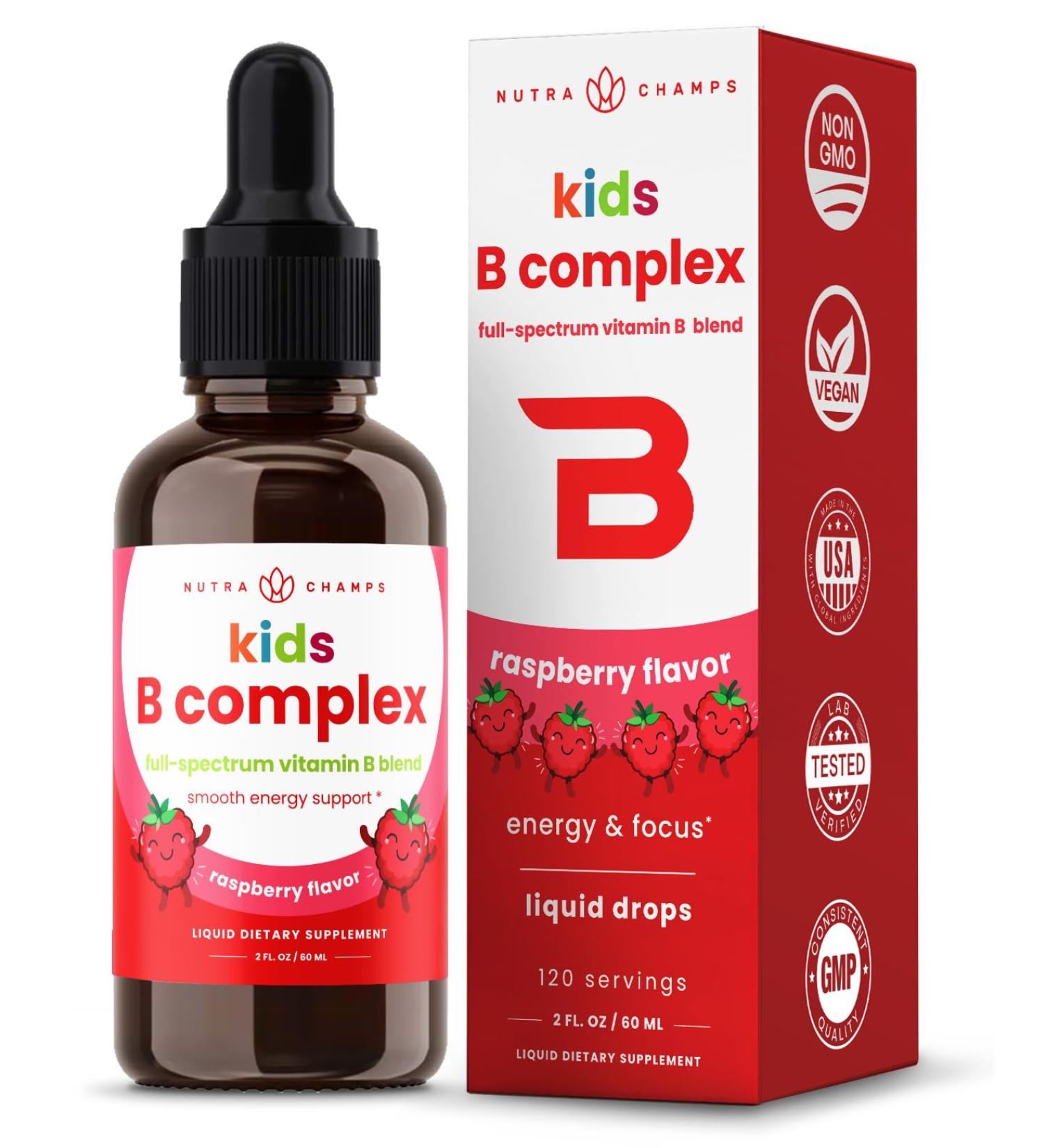 NutraChamps Vitamin B Complex for Kids, B1, B2, B3, B6, B7, B9 & Methyl B12, Kids B Complex Liquid Drops Supplement, Energy, Focus, Metabolism, Natural Berry, 120 Servings, 4 Month Supply 2 Fl Oz (Pack of 1) Kids Drops - Buy Online on GoSupps.com