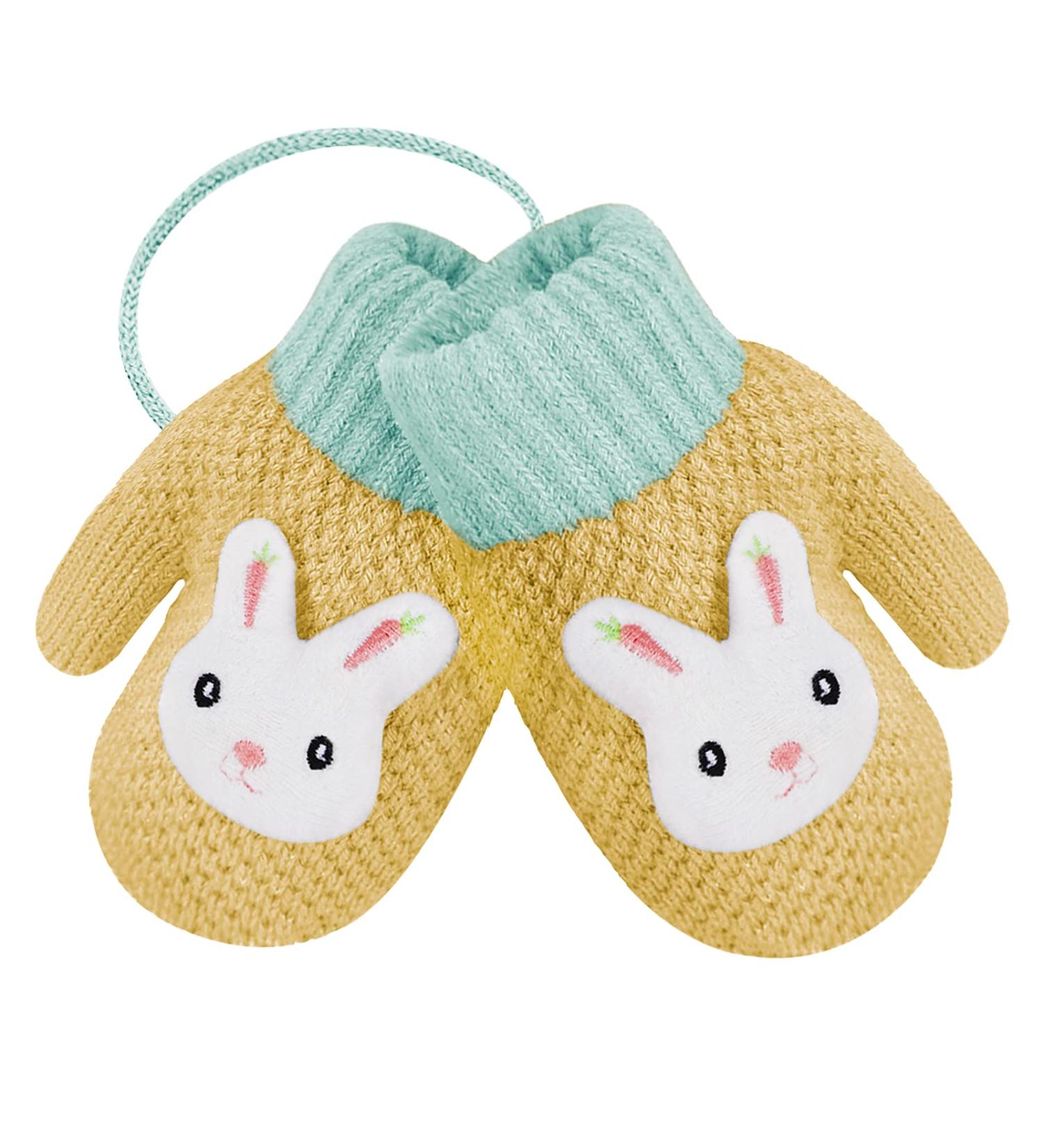 Kids Cute Fox Knitting Gloves | Toddler Winter Thermal Plush Lining Mittens for 1-3 Yrs | Yellow/3D Rabbit Design - Buy Online on GoSupps.com