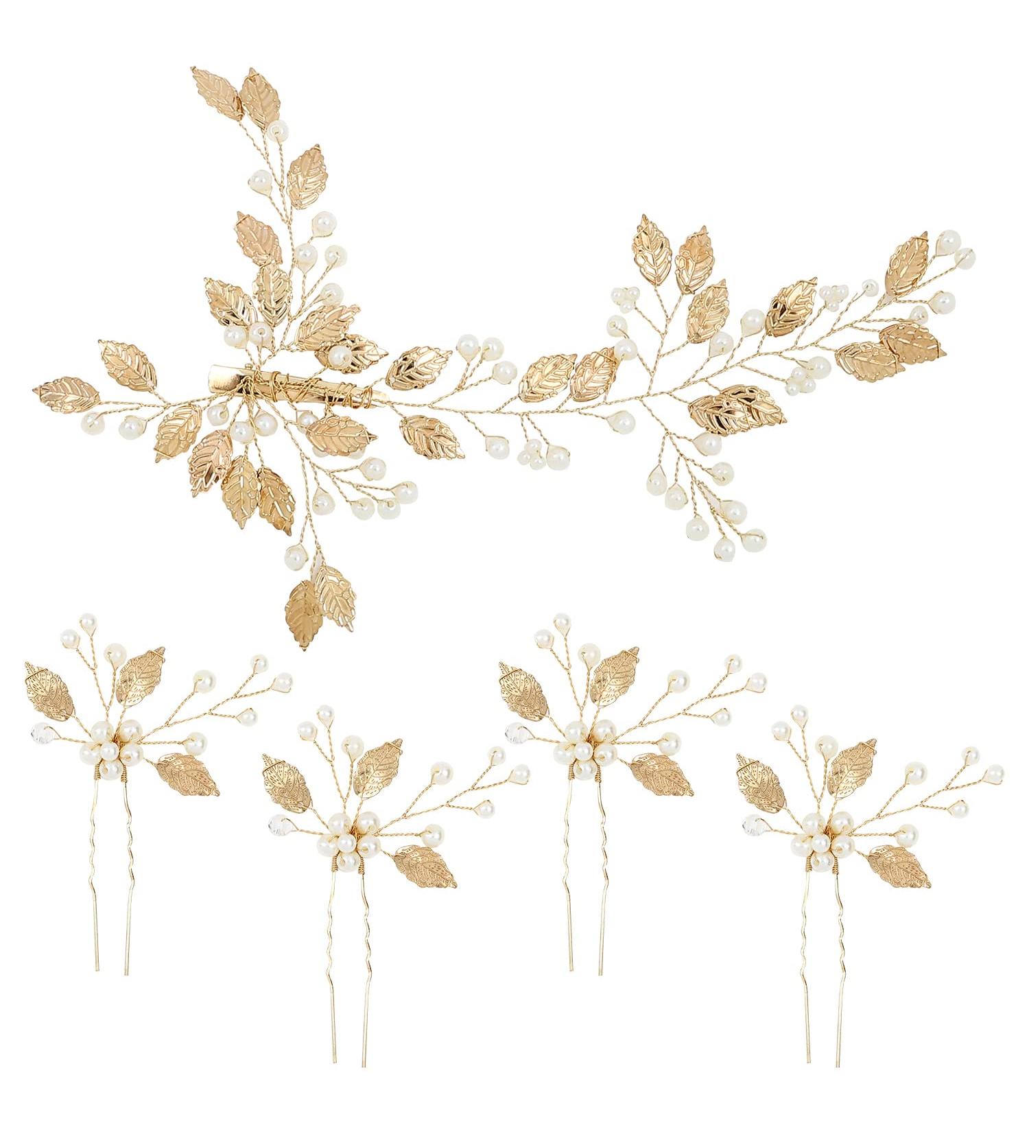 Golden Leaf Pearls Alligator Hair Clips & U-Shaped Pins - 5 Pack Wedding Headpiece Set - Buy Online on GoSupps.com