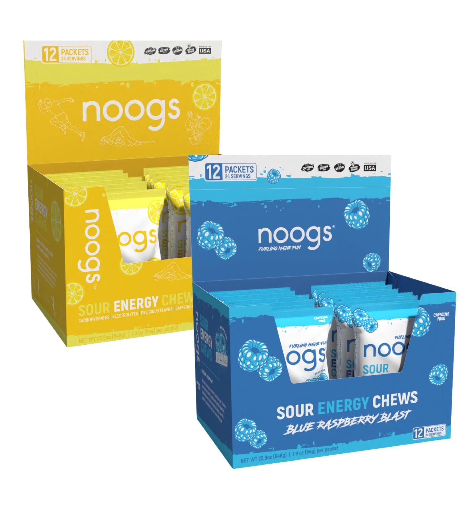 Noogs Lemon Zinger + Blue Raspberry Blast Sour Energy Chews Bundle - Electrolyte Energy Gummies - 24 Total Packs - Buy Online on GoSupps.com