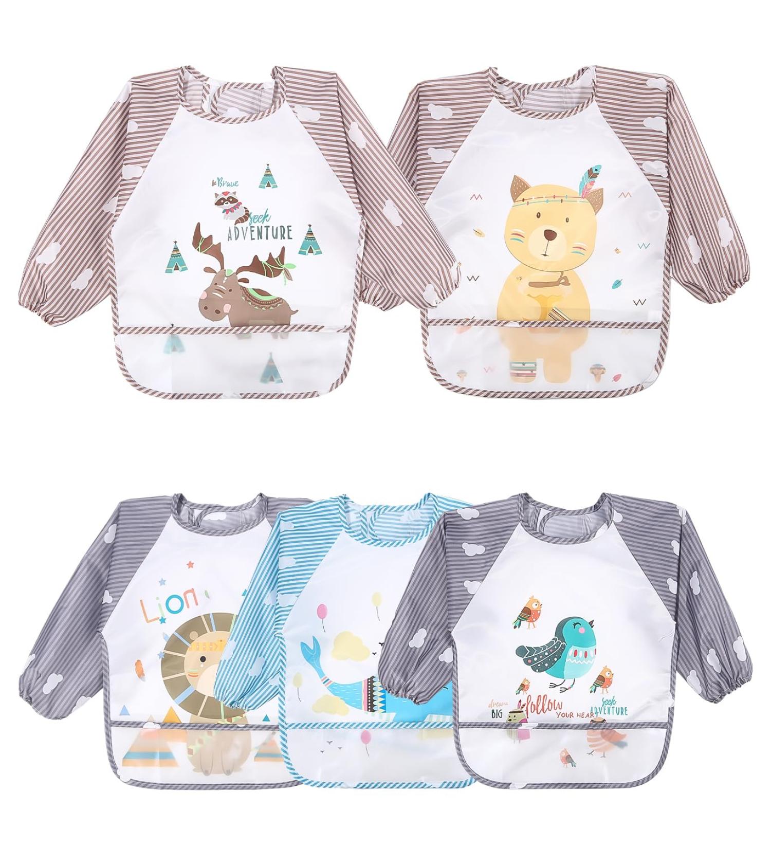 Shop Tidevan Waterproof Baby Bibs with Long Sleeves - 5 Pack Large Pocket for Toddlers (6-36 Months) - Ideal for Mess-Free Eating - Buy Online on GoSupps.com
