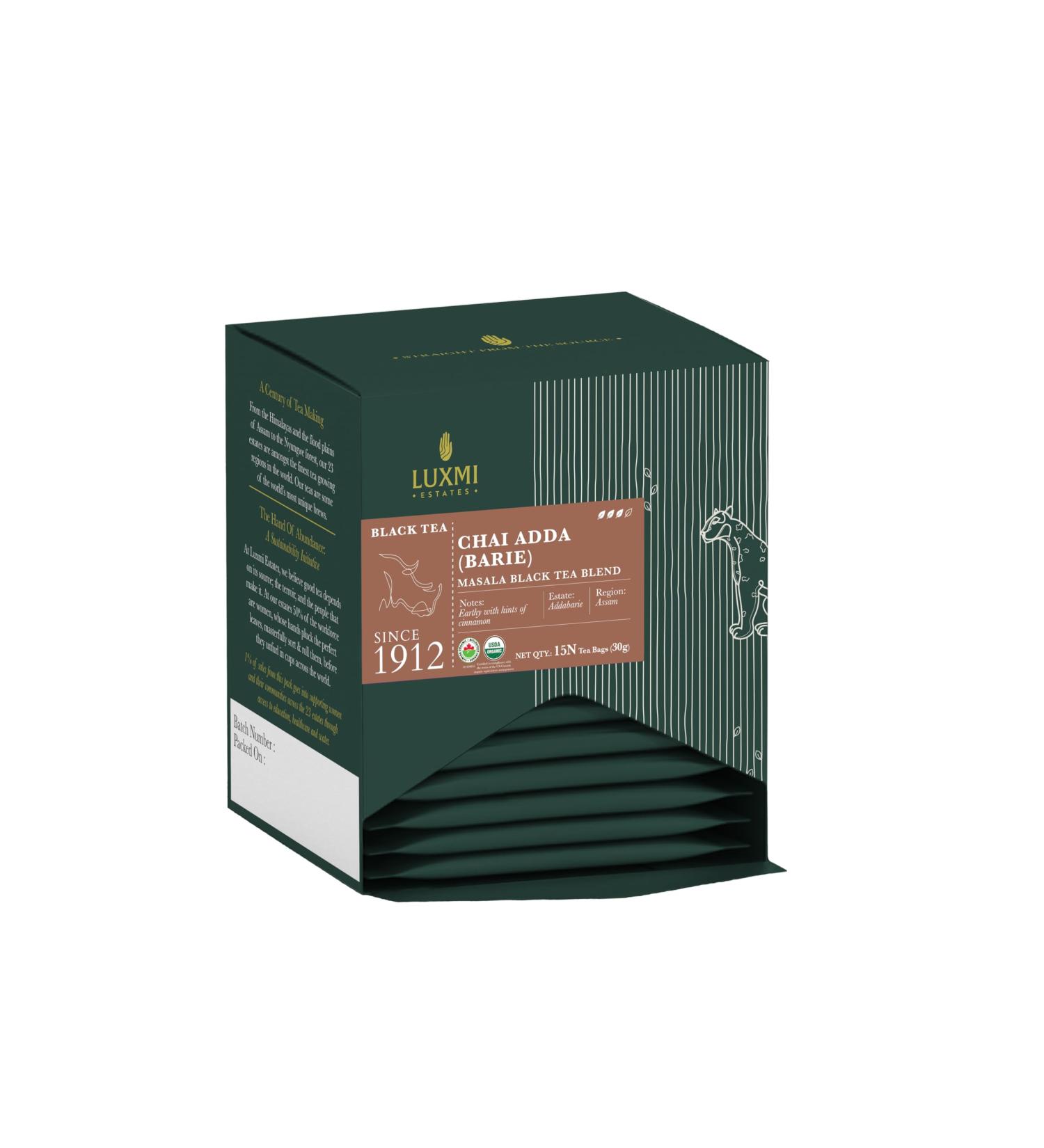 Luxmi Estates Masala Chai 15 sachets de th | Chai Adda-Bari | Th noir bio | Masala Chai fort robuste et aromatique | Chai d' pices indiennes enrichi en cannelle et cardamome Masala Chai 15 Tea Bags - Buy Online on GoSupps.com