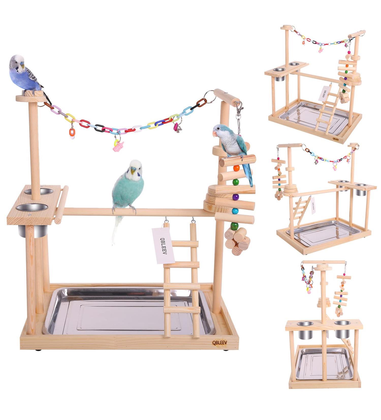QBLEEV Parrot Playstand with Feeder Cups and Toys - Large Size (19 L x 13 W x 21 H) - Buy Online on GoSupps.com
