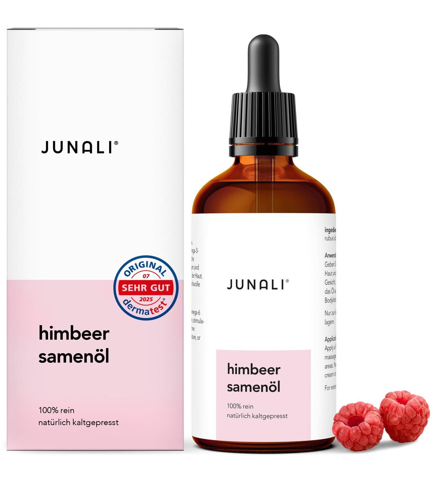 JUNALI Co KG JUNALI Raspberry seed oil 100 pure and coldpressed natural care oil for face hair and body for dry and sensitive skin antiaging 100 ml